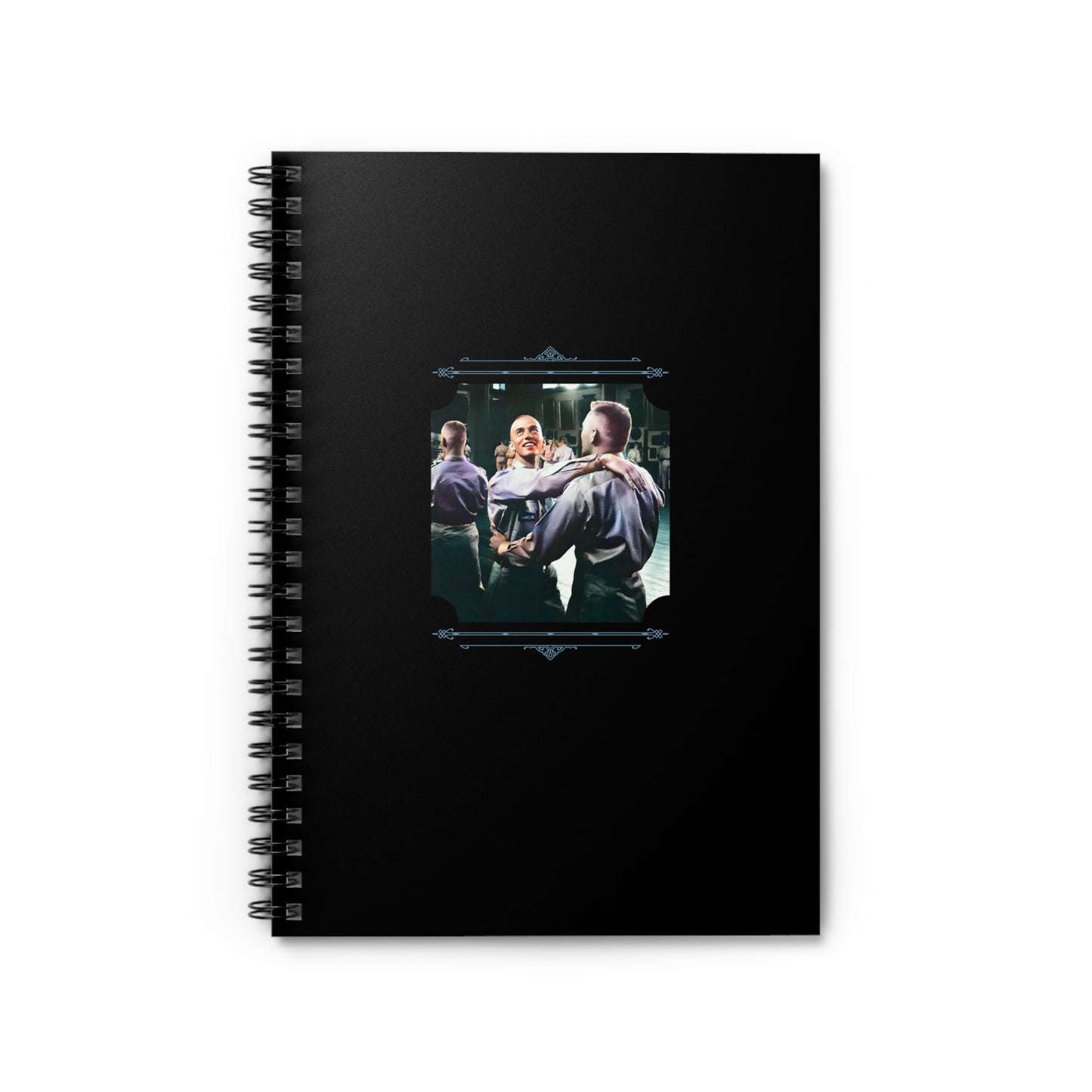 Spiral notebook featuring a colorized vintage photo of two WWII soldiers dancing together at a USO event.
