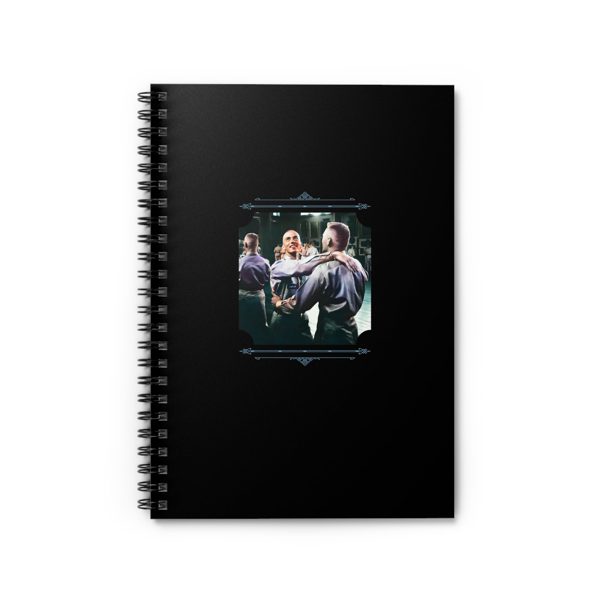 Spiral notebook featuring a colorized vintage photo of two WWII soldiers dancing together at a USO event.