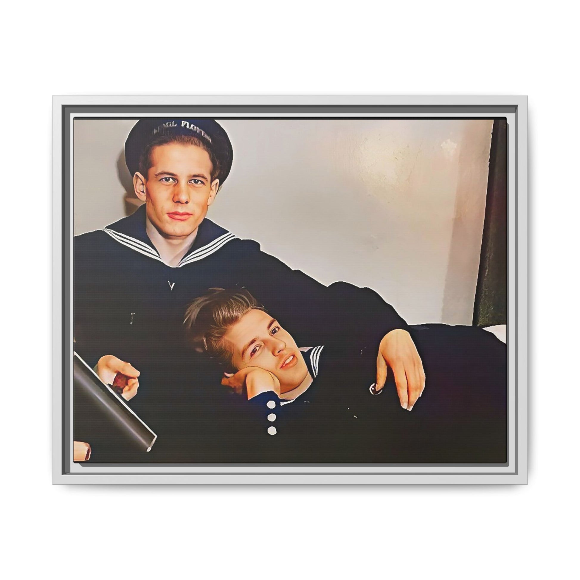 Framed vintage gay sailor portrait of Dmitriy and Mischa in navy uniforms, Sochi, Russia