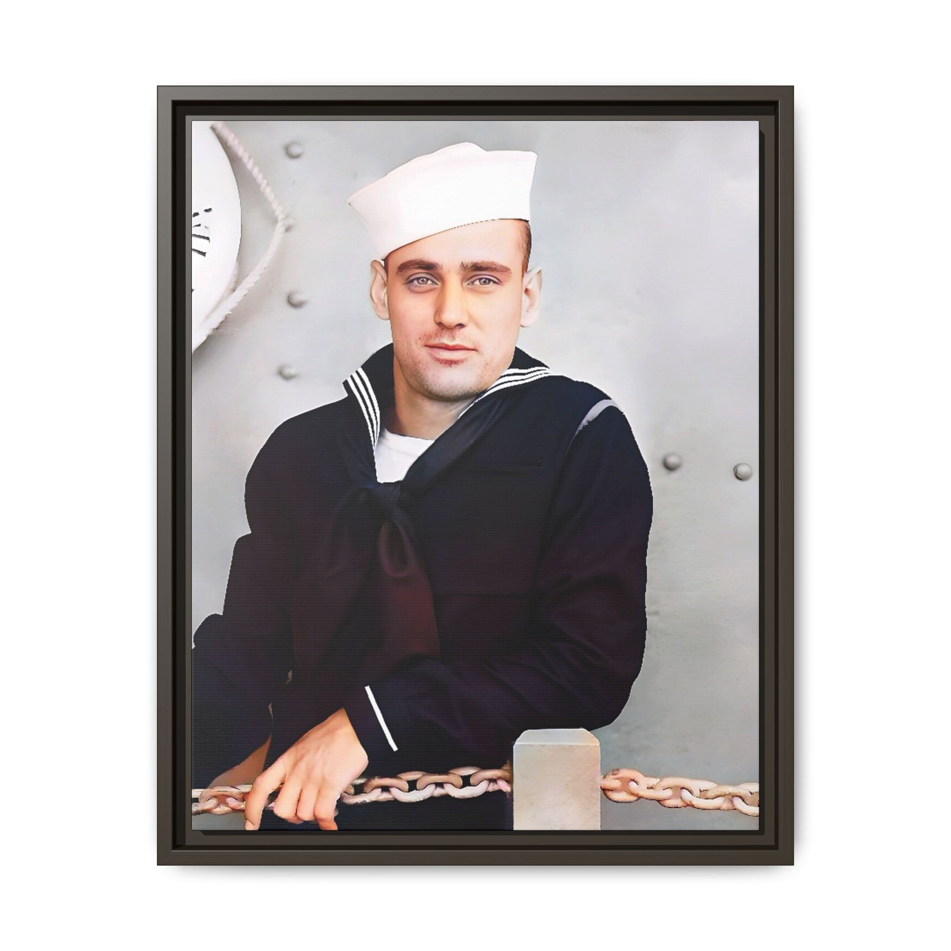 A restored vintage portrait of Francis aboard the USS Might. This framed matte canvas captures naval history, service, and timeless duty.