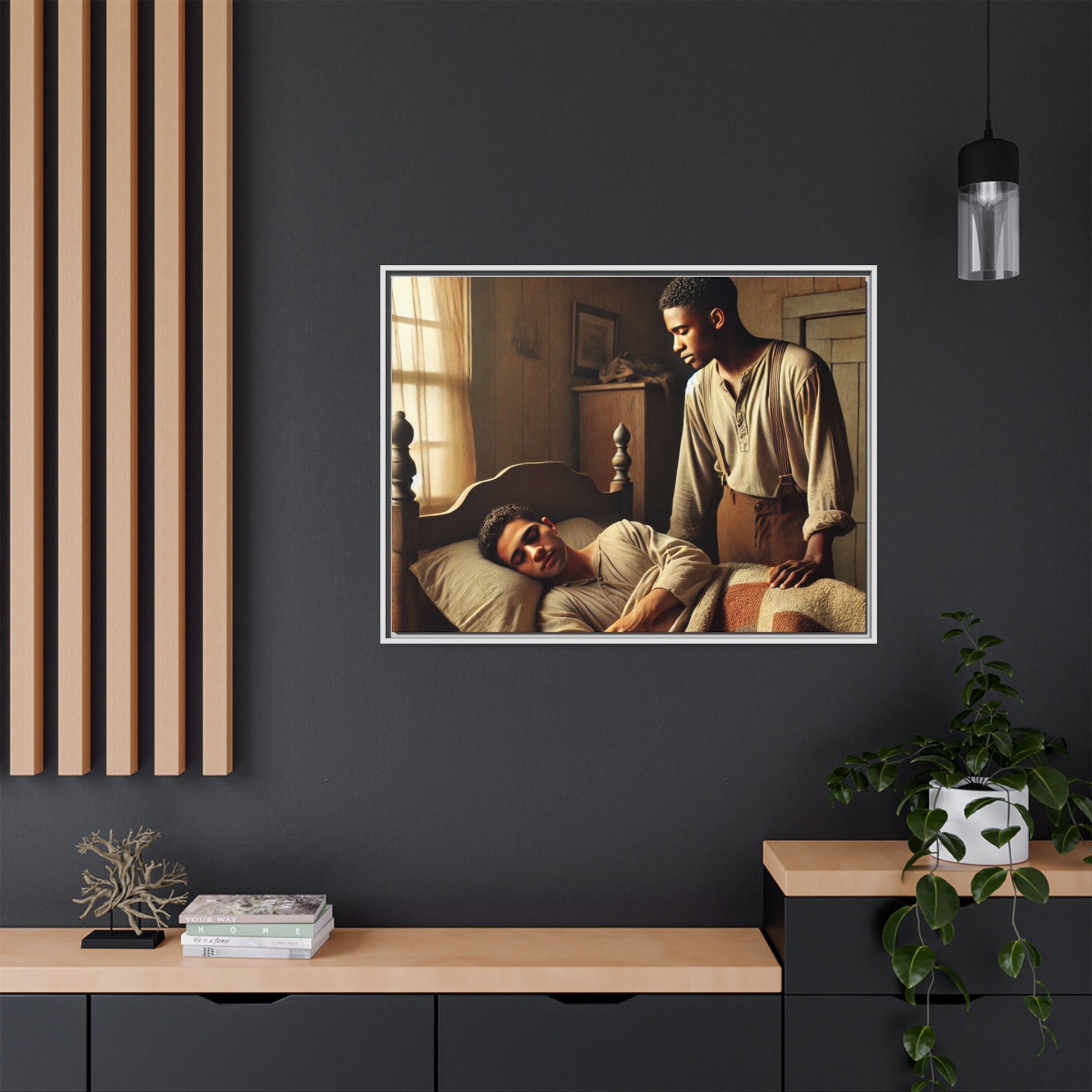 Grant 007 artwork depicting an African-American queer couple in a tender, intimate moment within a rustic bedroom. This scene, bathed in warm, nostalgic light, captures the love and quiet resilience of rural life, celebrating LGBTQ+ representation and African-American heritage.