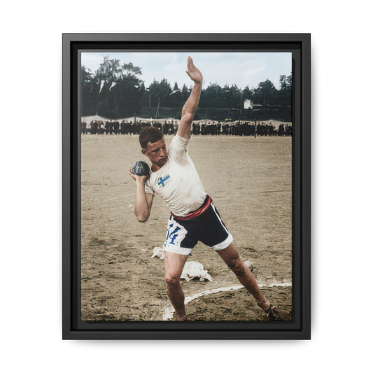 Finnish athlete Ville Pörhölä preparing to put the shot at the 1920 Antwerp Olympic Games