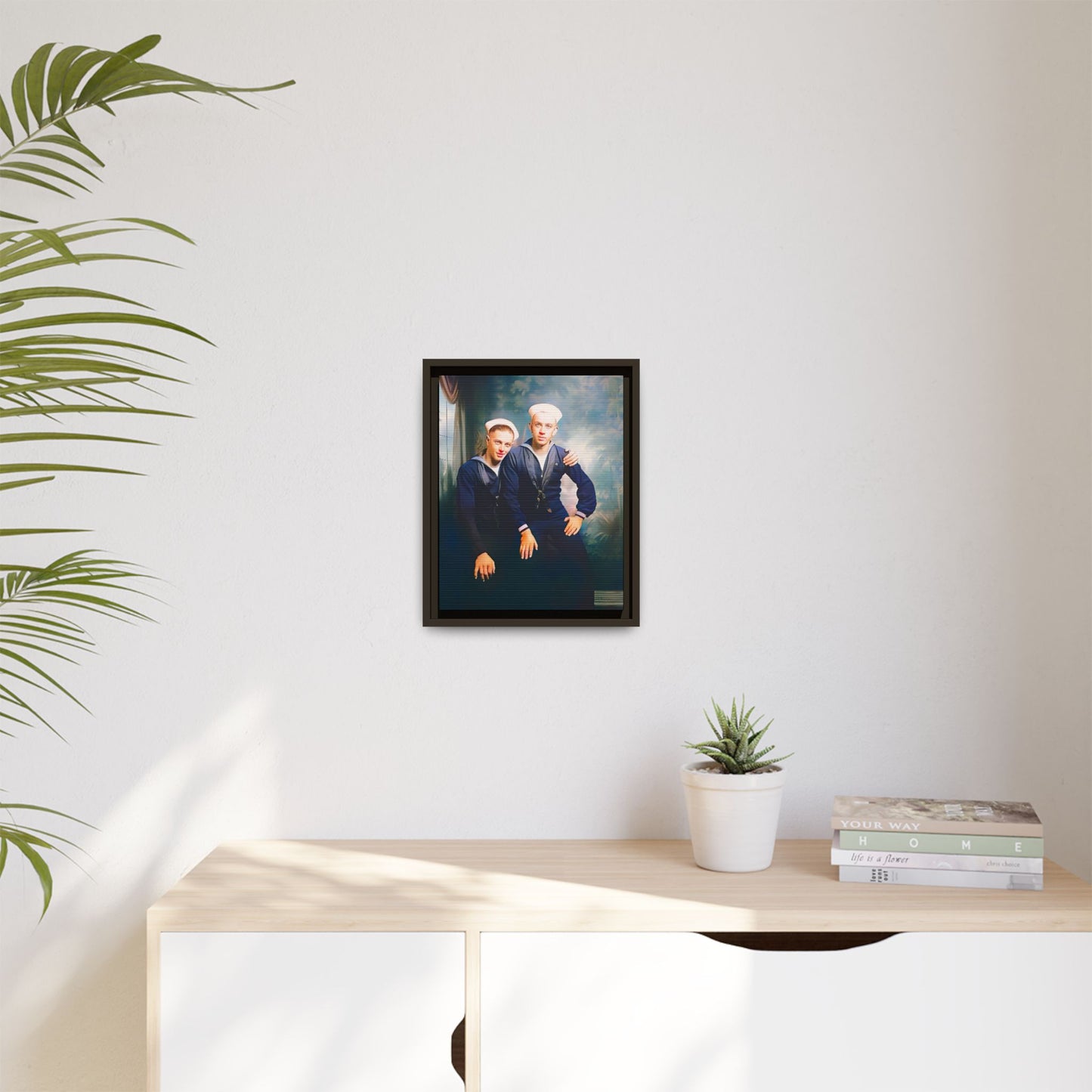 A restored vintage naval portrait of Thomas & Ervin at Naval Station Newport, Rhode Island. This framed matte canvas honors LGBTQ+ history, military service, and timeless camaraderie. Gay Couple