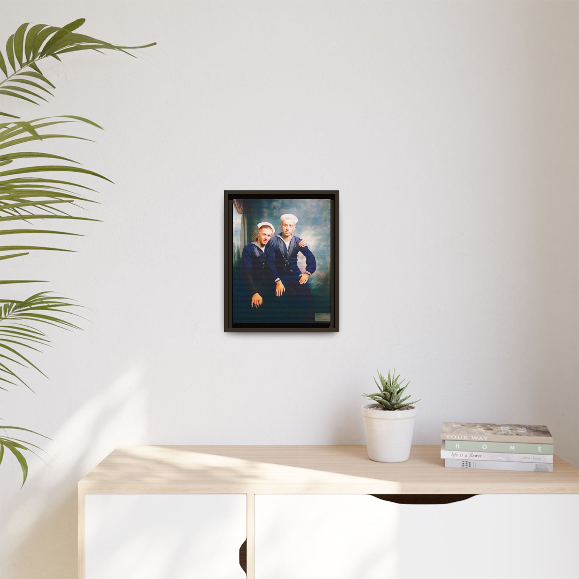 A restored vintage naval portrait of Thomas & Ervin at Naval Station Newport, Rhode Island. This framed matte canvas honors LGBTQ+ history, military service, and timeless camaraderie. Gay Couple