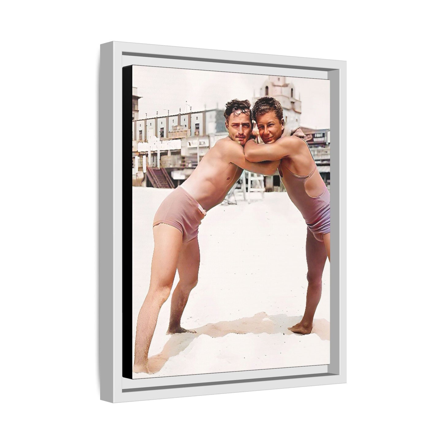 A vintage LGBTQ+ beach photo of Kenneth and Herman in Atlantic City, celebrating summer love and nostalgia. This restored and colorized canvas print captures the joy of seaside romance, making it a perfect addition to any vintage decor collection.