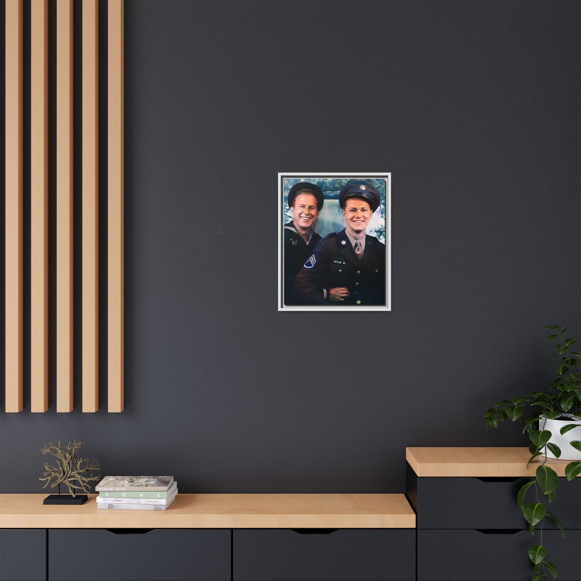 A framed vintage military portrait on matte canvas featuring a sailor and a soldier in Scapa Flow, Scotland, symbolizing service and camaraderie. Gay Couple