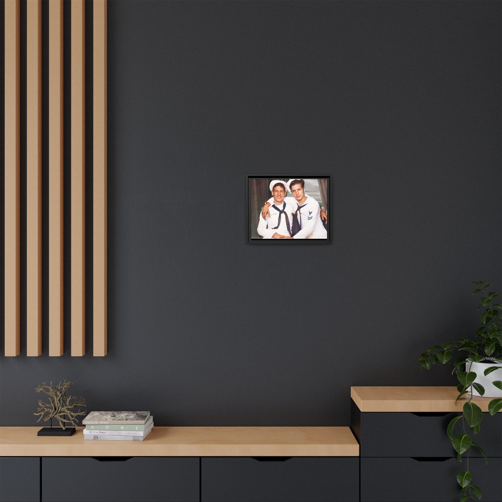 A restored vintage Navy portrait of Kenny and William at Fort Lee, Virginia. This framed matte canvas print honors military camaraderie, resilience, and LGBTQ+ history with a timeless tribute to friendship and love. Gay Couple Sailors Navy