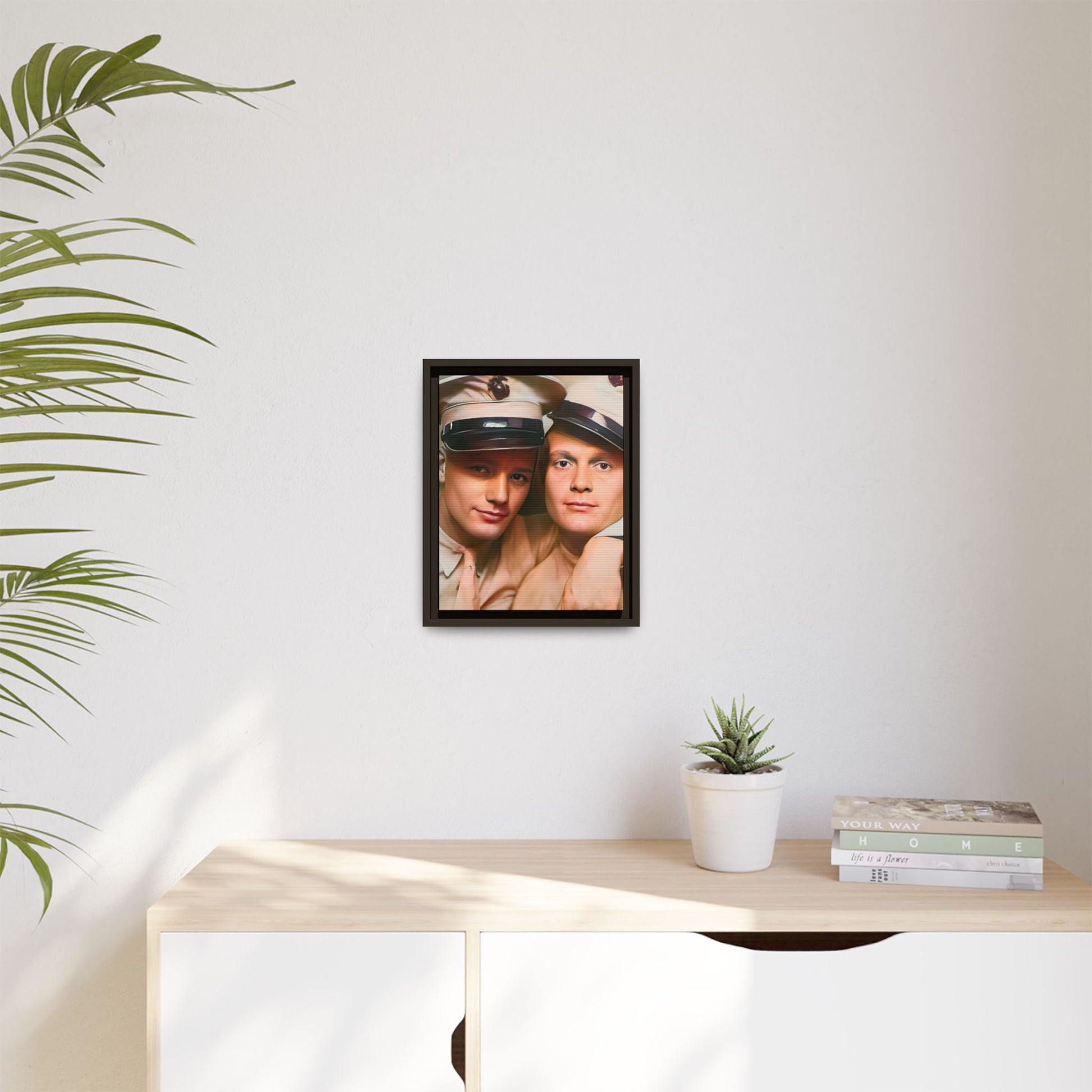 Restored vintage photograph of Paul and Ralph, an early 20th-century LGBTQ+ military couple from Camp Atterbury, Indiana. Framed matte canvas print celebrating love, courage, and LGBTQ+ history. Gay Couple Photo Booth