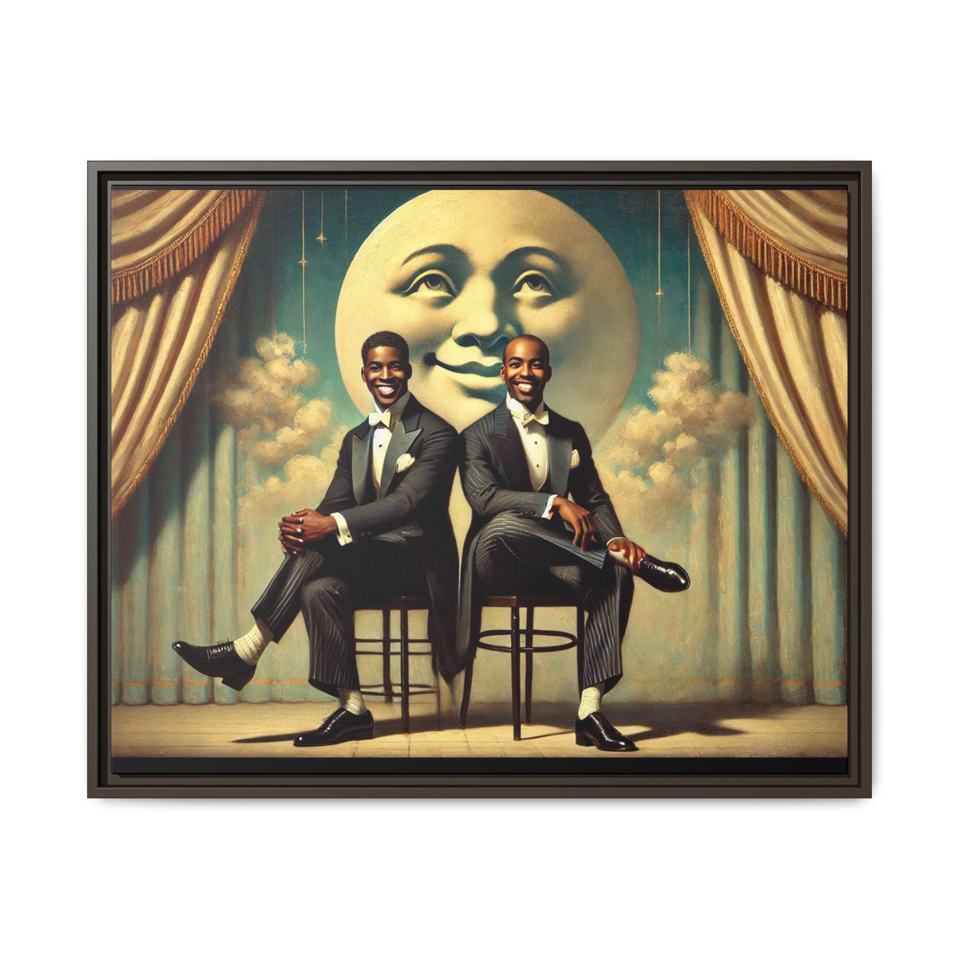 Framed vintage-style portrait of two Black men in tuxedos seated under a smiling crescent moon prop with golden curtains and cloud backdrop. This restored matte canvas honors lost LGBTQ history and reclaims early 20th-century queer representation with pride.
