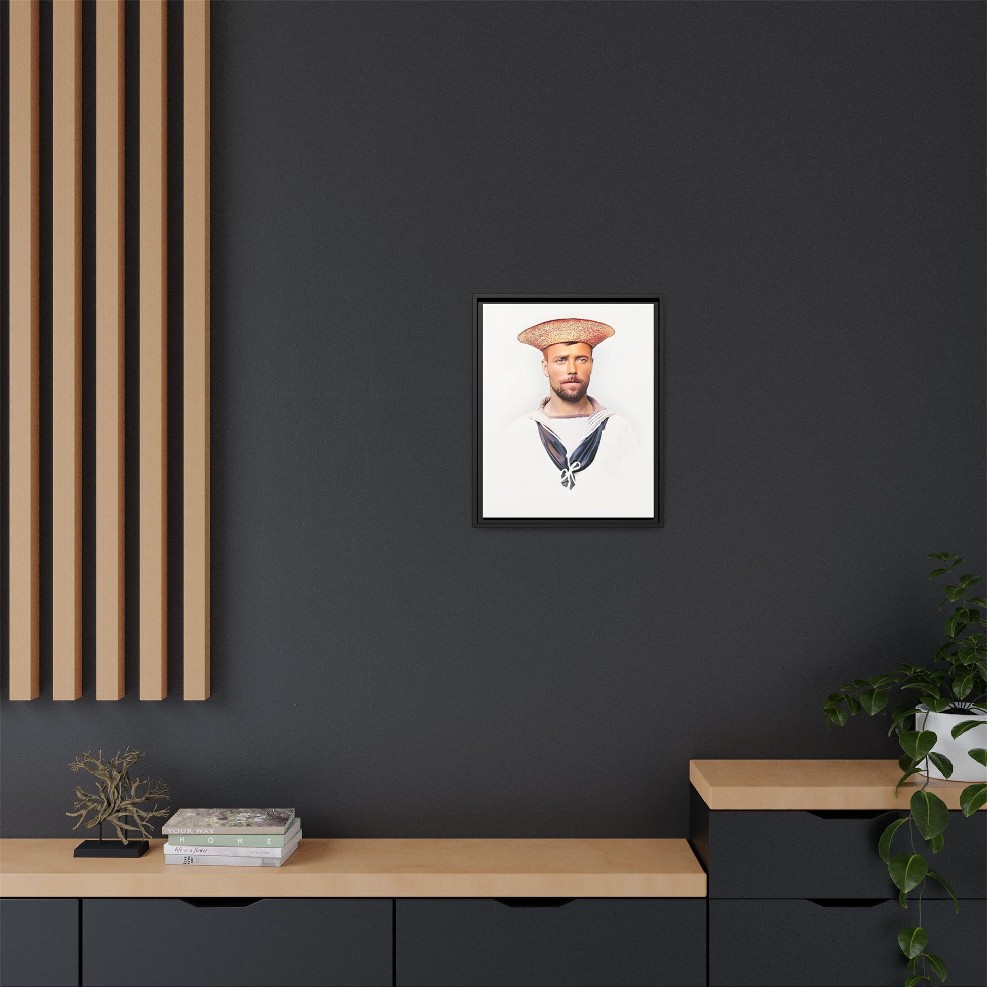 A restored vintage portrait of Elijah, a British sailor in Weihaiwei, China. This framed matte canvas honors naval history, tradition, and duty.