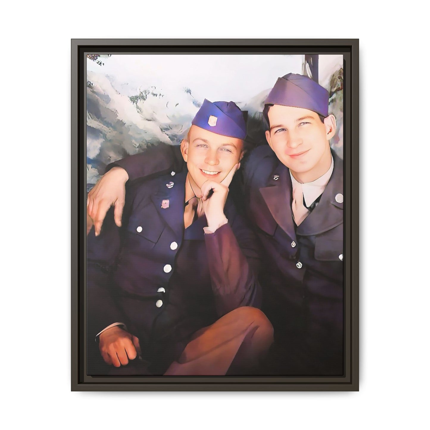 A restored vintage portrait of Willie & Louis at Metro-North Railroad in Harlem, New York. This framed matte canvas celebrates LGBTQ+ history, African American heritage, and timeless love. Gay Couple Love