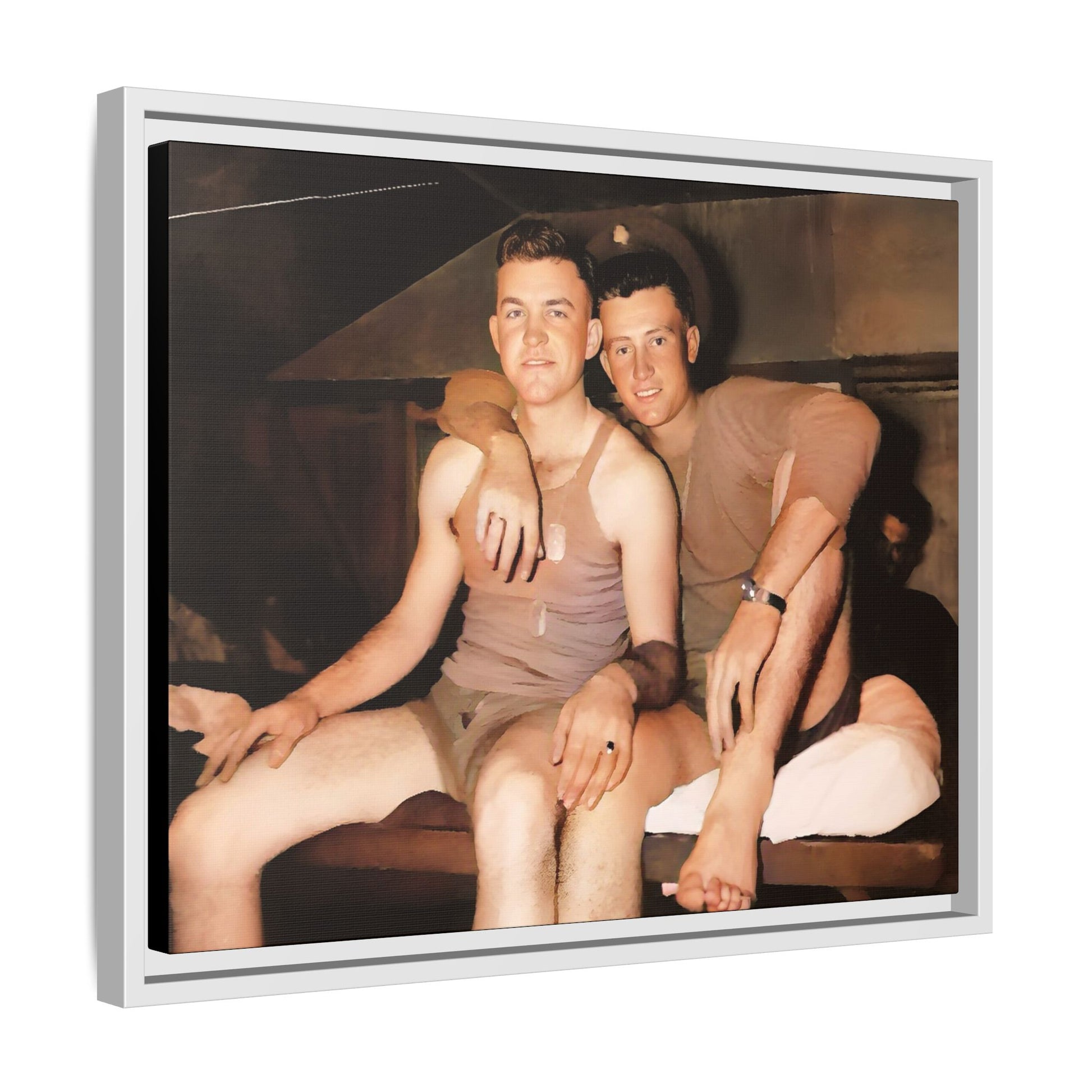 Barracks, Oahu. This framed canvas print honors LGBTQ+ history, military camaraderie, and timeless love, making it a unique and meaningful piece for collectors and history enthusiasts.