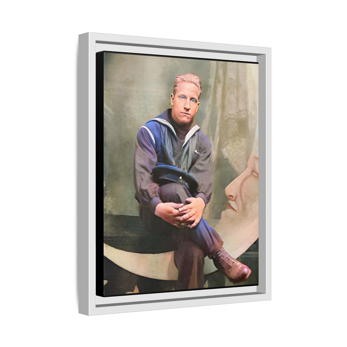 A vintage U.S. Navy sailor portrait featuring Jacob in uniform with a crescent moon backdrop. This framed matte canvas print is a timeless tribute to naval service, ideal for military history collectors, veterans, and nautical decor lovers. Art Deco Paper Moon Prop