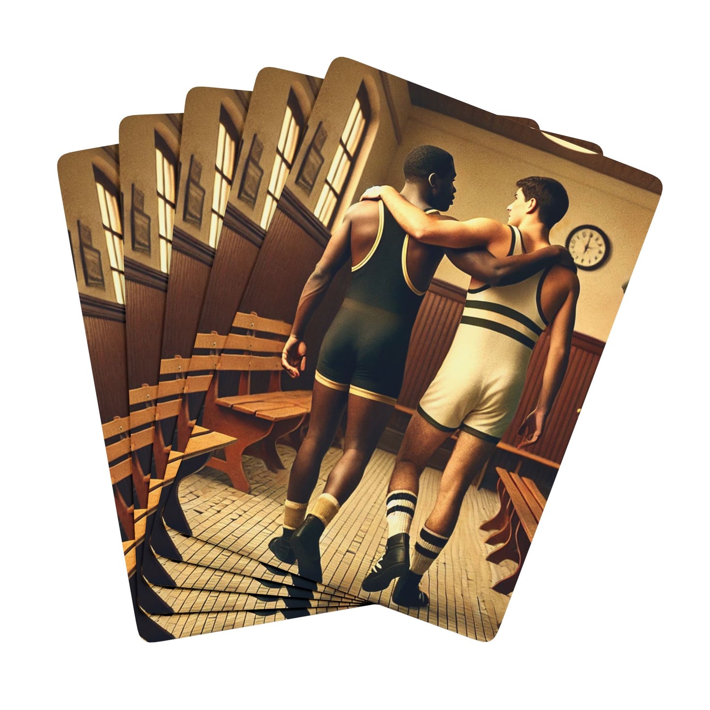 Vintage-inspired poker deck featuring two wrestlers walking arm in arm, evoking trust, resilience, and queer sports history.