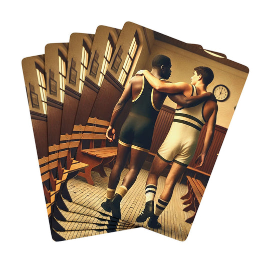 Vintage-inspired poker deck featuring two wrestlers walking arm in arm, evoking trust, resilience, and queer sports history.