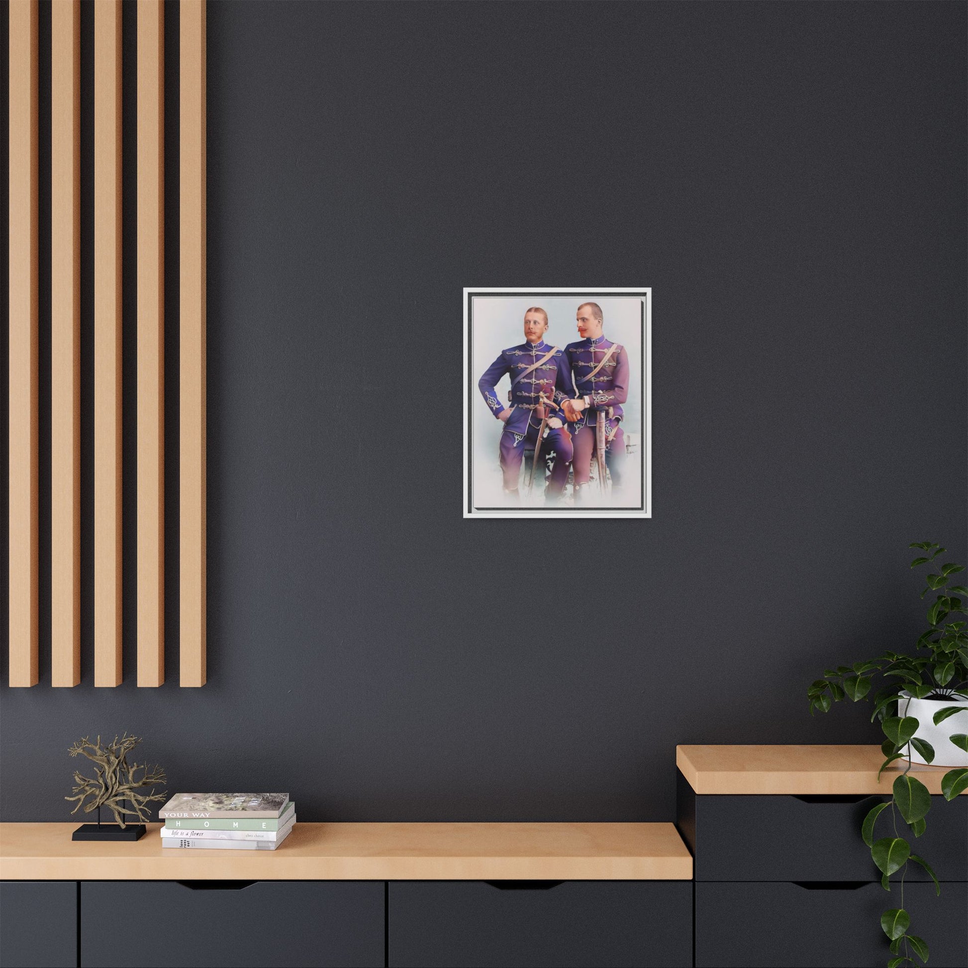 A restored vintage military portrait of Nicolae & Valeriu, elegantly framed to honor LGBTQ+ history and love.