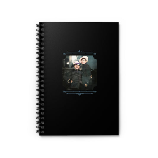 Spiral notebook with a vintage photo of two young Texas men in uniform and cowboy hats showing subtle affection.