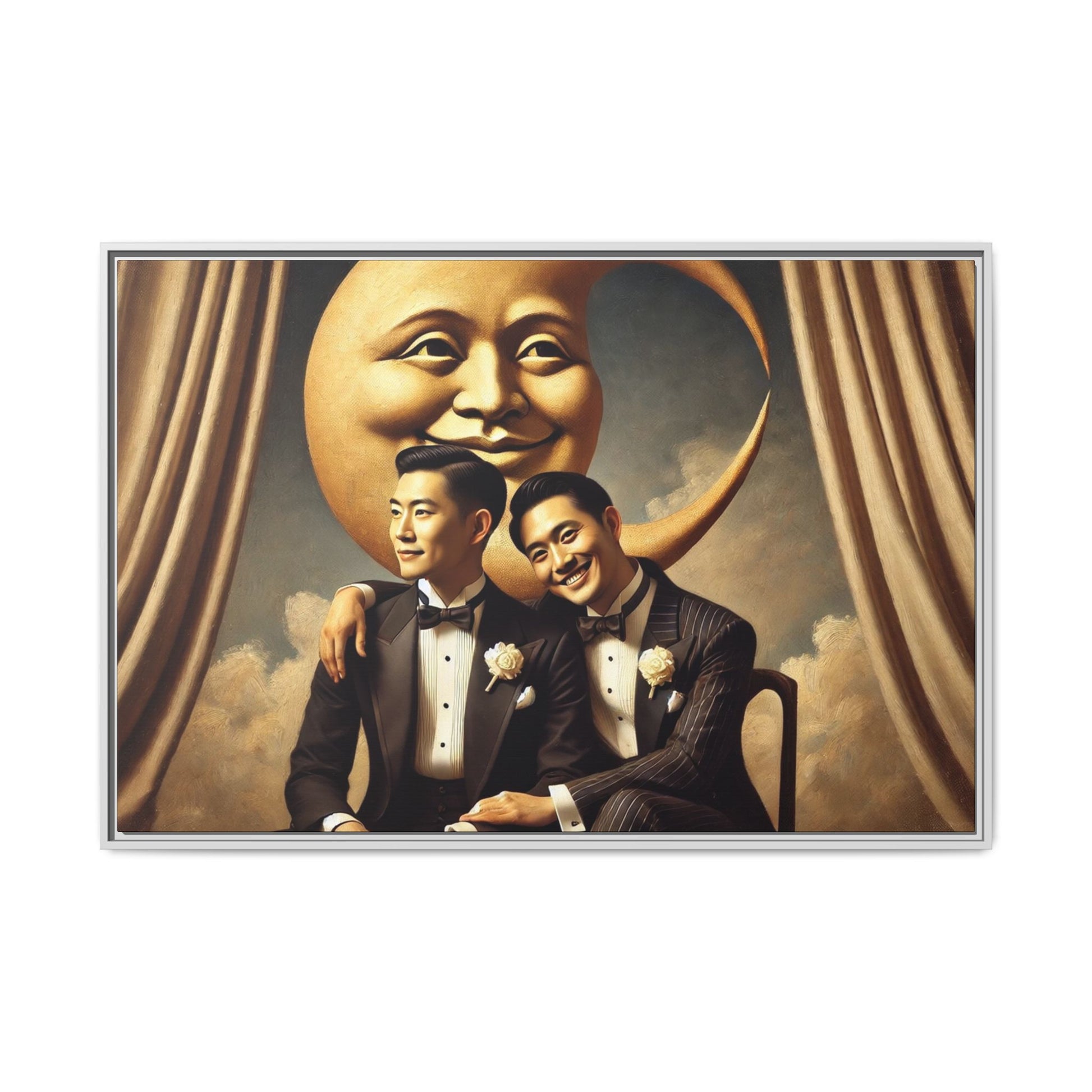 Vintage-inspired artwork of a romantic gay Asian couple in tuxedos sitting affectionately beneath a smiling crescent moon prop, surrounded by vintage stage curtains and dreamy clouds. A reclaimed queer narrative from the Man In The Moon series.