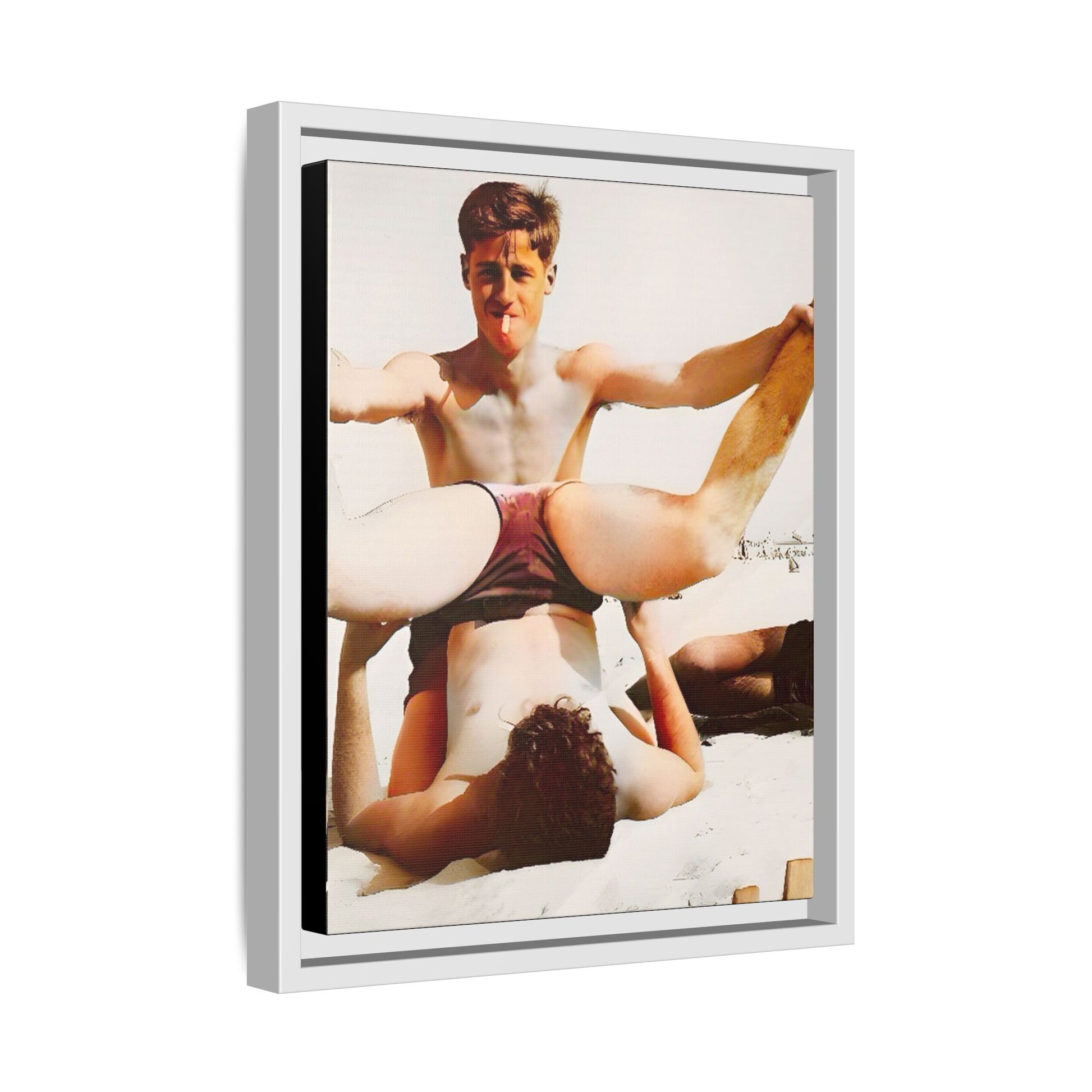 Restored mid-20th century photo of Mitch and Sam at 12th Street Beach, Miami, sharing a playful moment of love and joy, framed as wall décor.