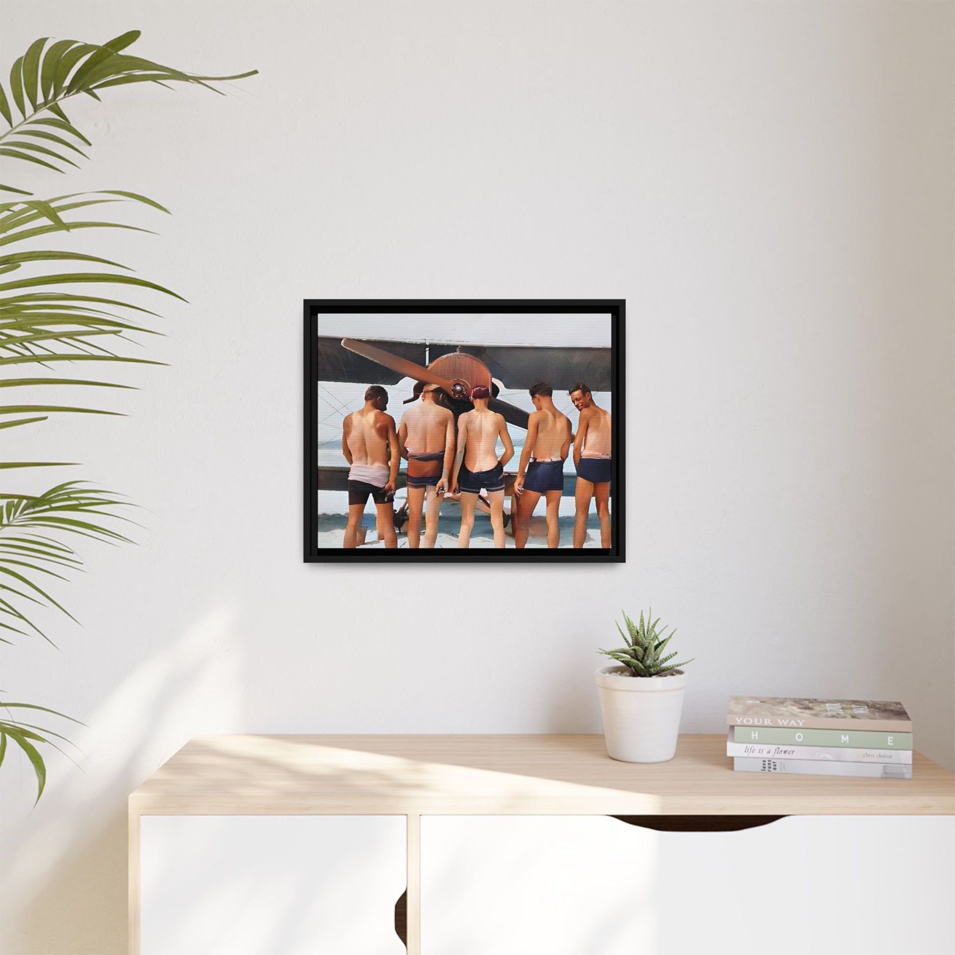 A beautifully restored vintage photograph of five men standing on a sunlit Key West beach with a vintage aircraft in the background. This nostalgic canvas print captures coastal adventure, camaraderie, and the free spirit of aviation history. Men urinating