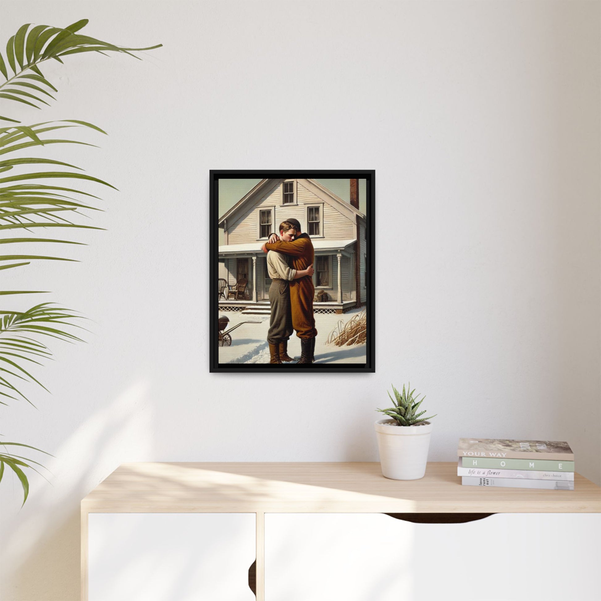 Artwork of a tender moment between a gay couple embracing outside a farmhouse in a snowy, rural landscape. Dressed in vintage attire, the two men find warmth and comfort in each other’s arms, capturing love and connection in a serene, Americana winter setting