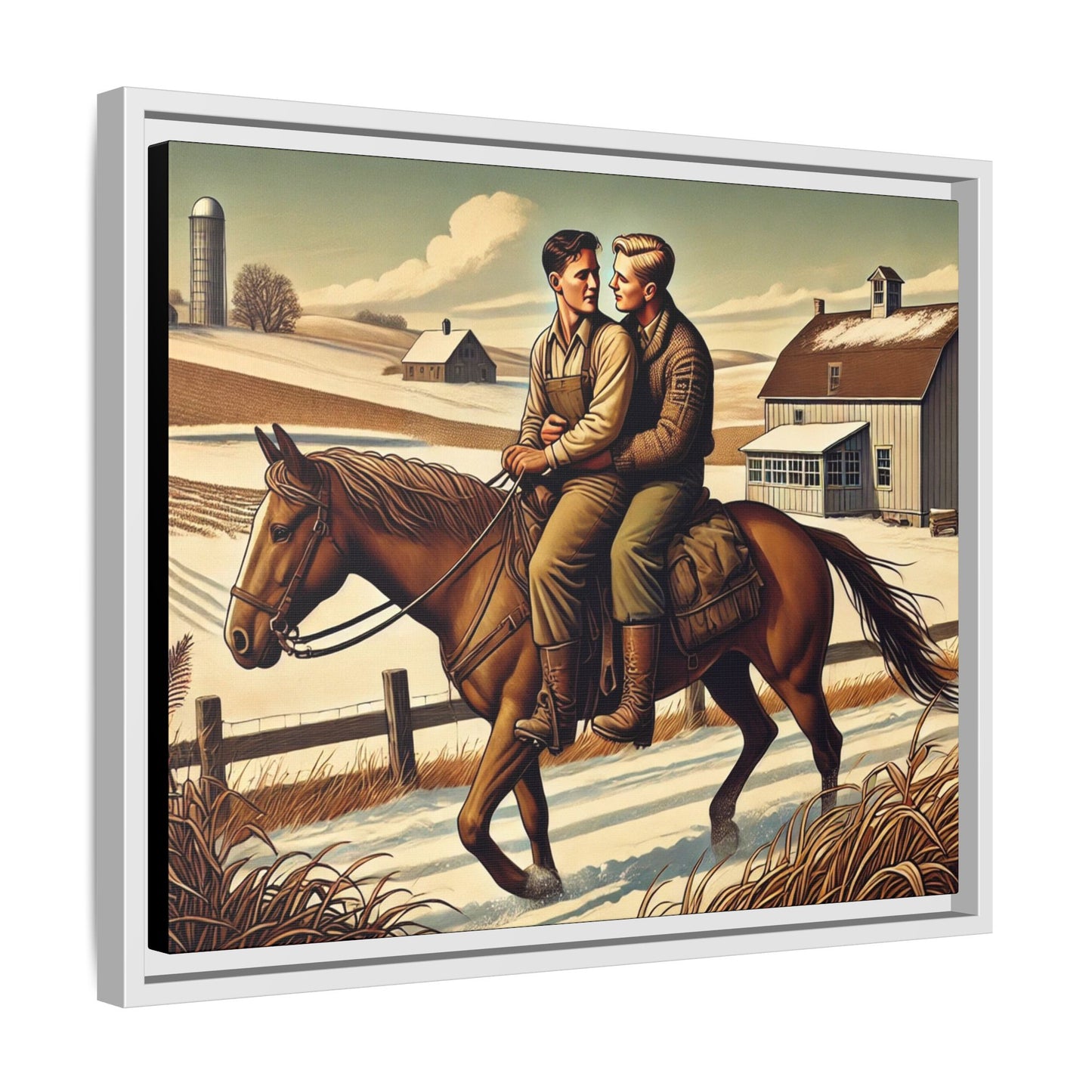 Artwork of a gay couple sharing a tender moment while seated together on a single horse in a snowy, rural Midwestern landscape. Dressed in early 20th-century attire, the men gaze at each other warmly, capturing love, resilience, and companionship in a serene 1930s-inspired American scene