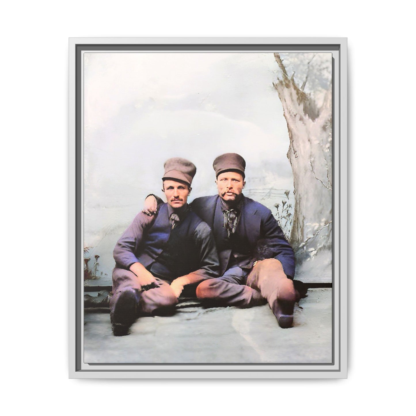 A restored vintage portrait of Stig & Sven, a Dutch American couple in Orange City, Iowa. This framed matte canvas honors LGBTQ+ history, resilience, and love in a winter setting. Gay Couple