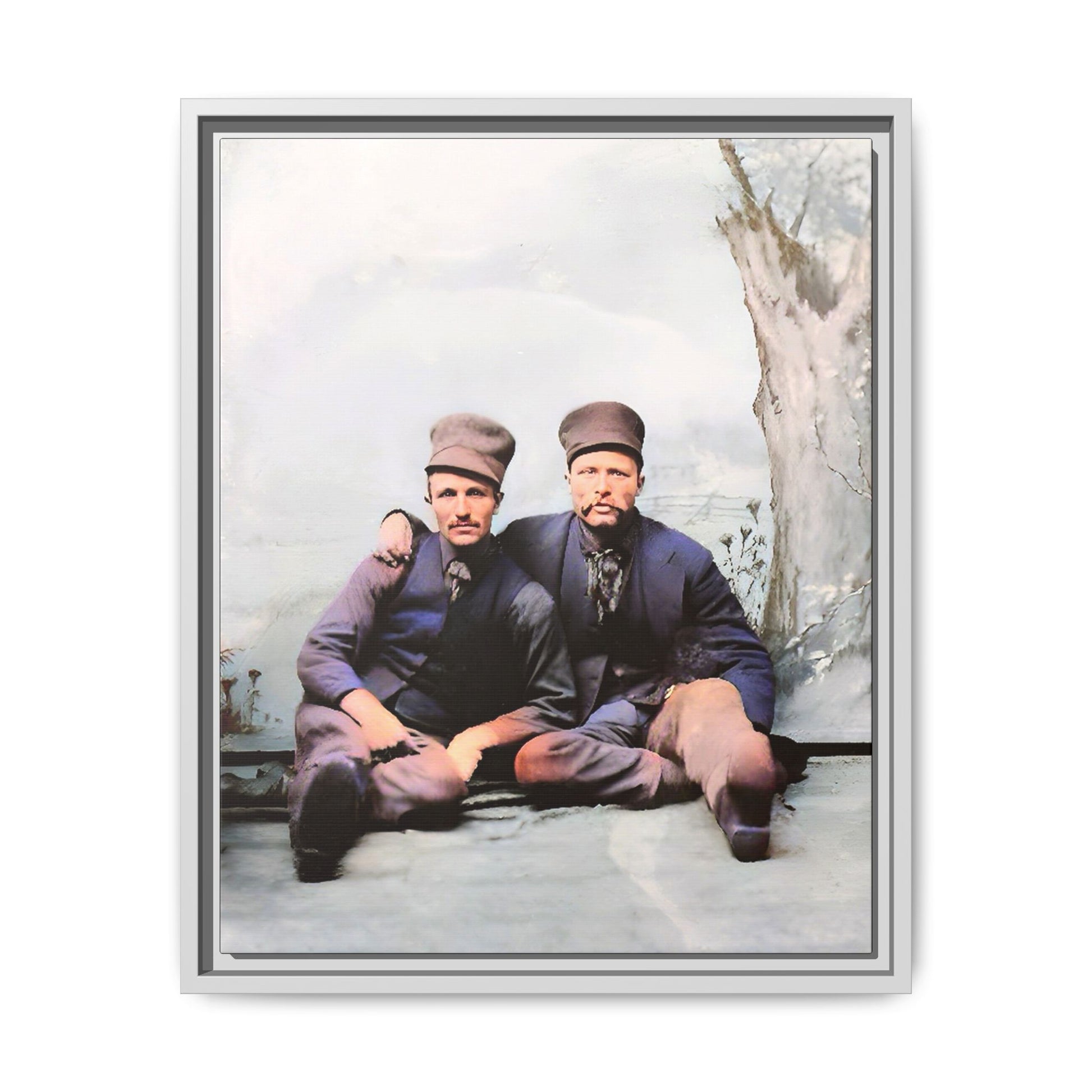 A restored vintage portrait of Stig & Sven, a Dutch American couple in Orange City, Iowa. This framed matte canvas honors LGBTQ+ history, resilience, and love in a winter setting. Gay Couple