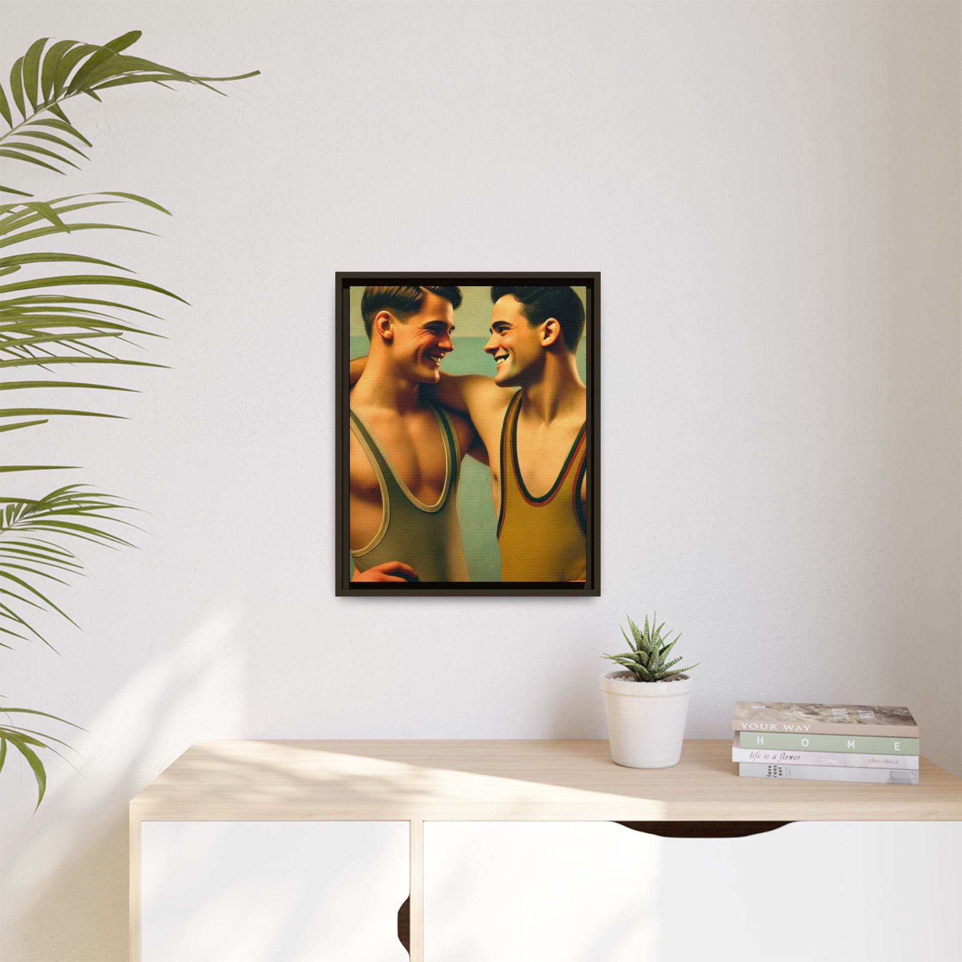 Framed artwork of two young wrestlers in vintage singlets sharing a candid moment, inspired by Grant Wood's Regionalist art style.