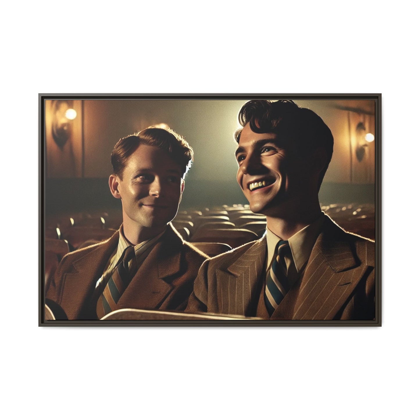 Vintage-style photo of two young men sharing an intimate moment on a date in a 1930s movie theater. Dressed in classic pinstripe suits, their smiles and close connection evoke the warmth and charm of the era, celebrating LGBTQ+ history and timeless romance.