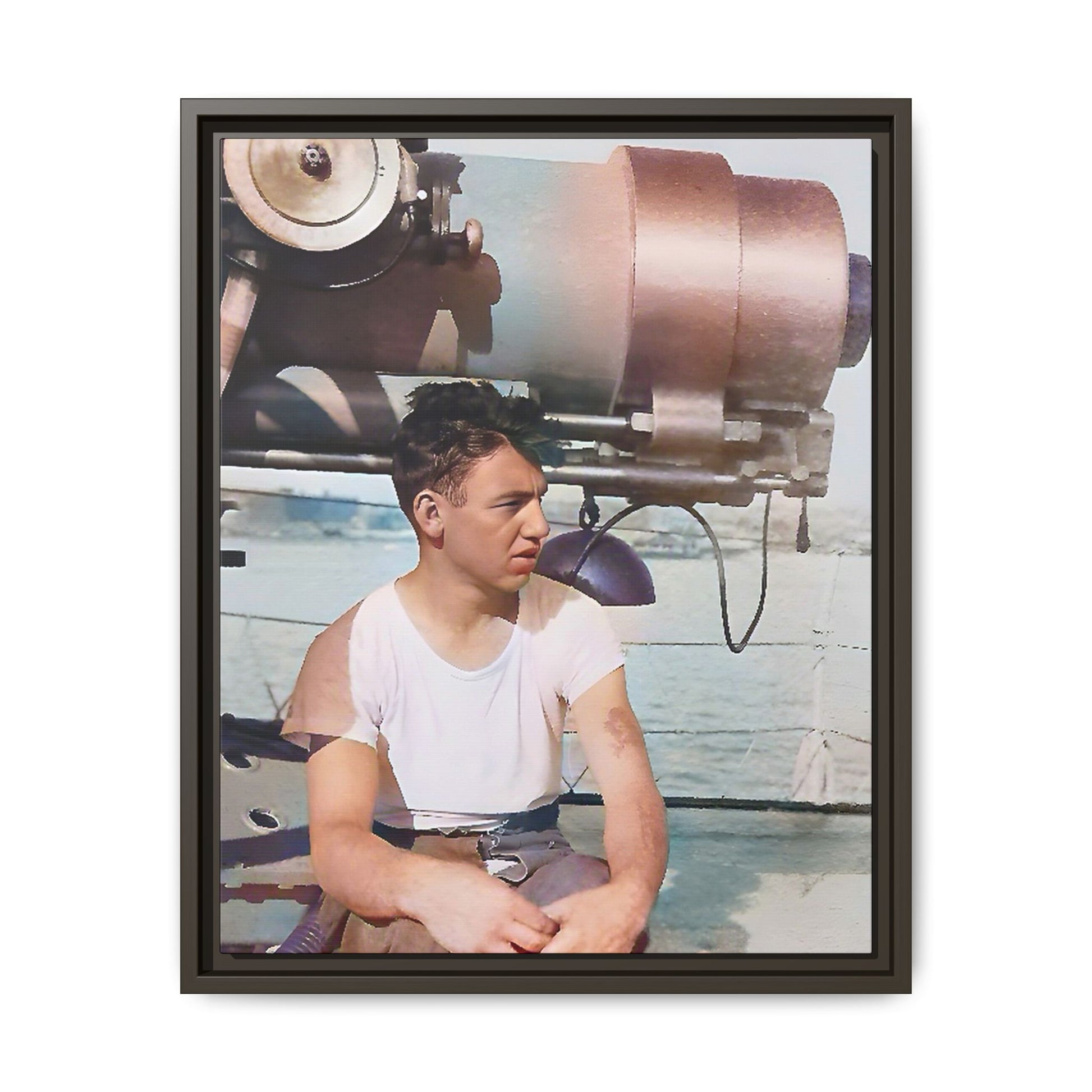 A restored vintage portrait of Harvey aboard the USS Oklahoma (BB-37). This framed matte canvas honors naval history, resilience, and service. Battleship Photo
