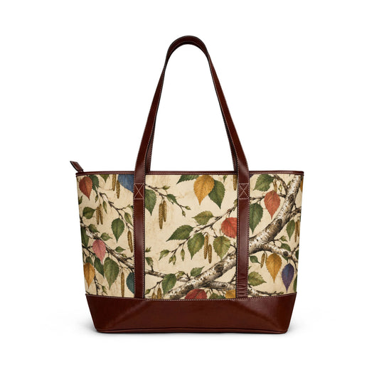 Russian Birch Botanical Carryall with intersecting birch branches, Pride-colored leaves and brown faux-leather trim