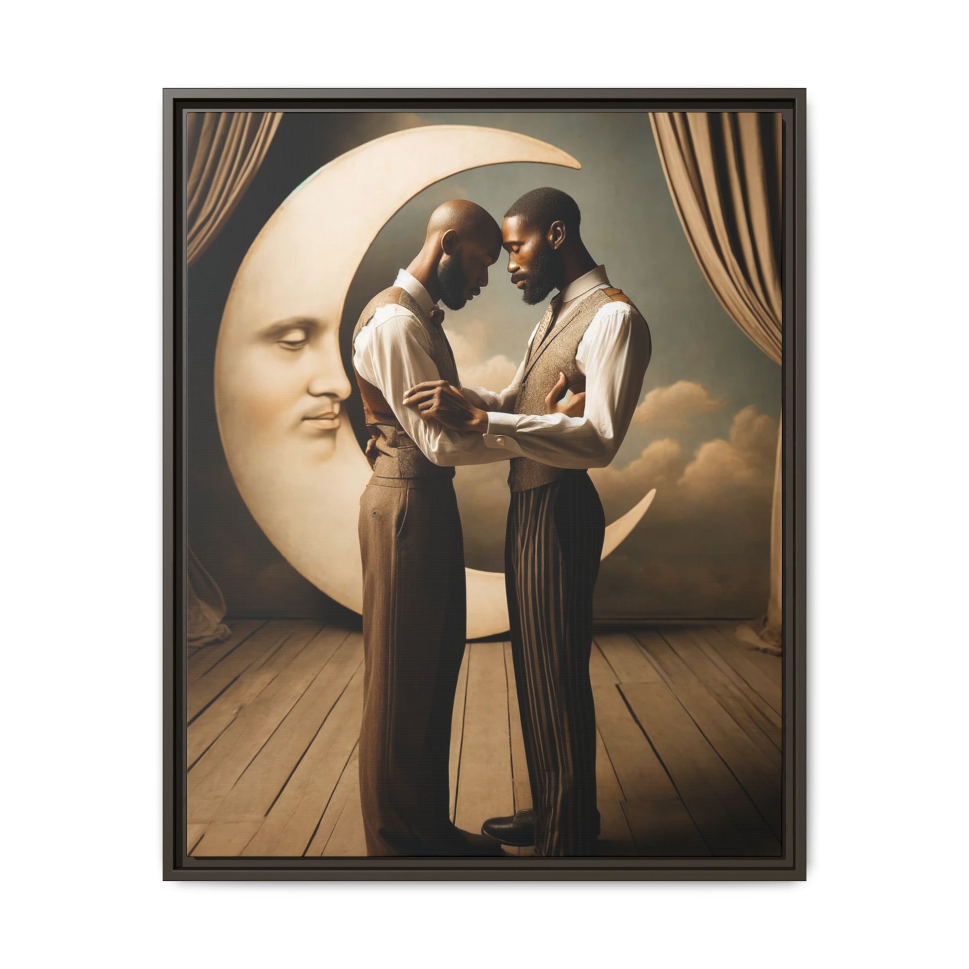 Two Black men in vintage 1920s clothing stand forehead to forehead, embraced beneath a glowing crescent moon. A theatrical scene honoring queer love, memory, and history, reclaiming moments that were never captured due to cultural bias.