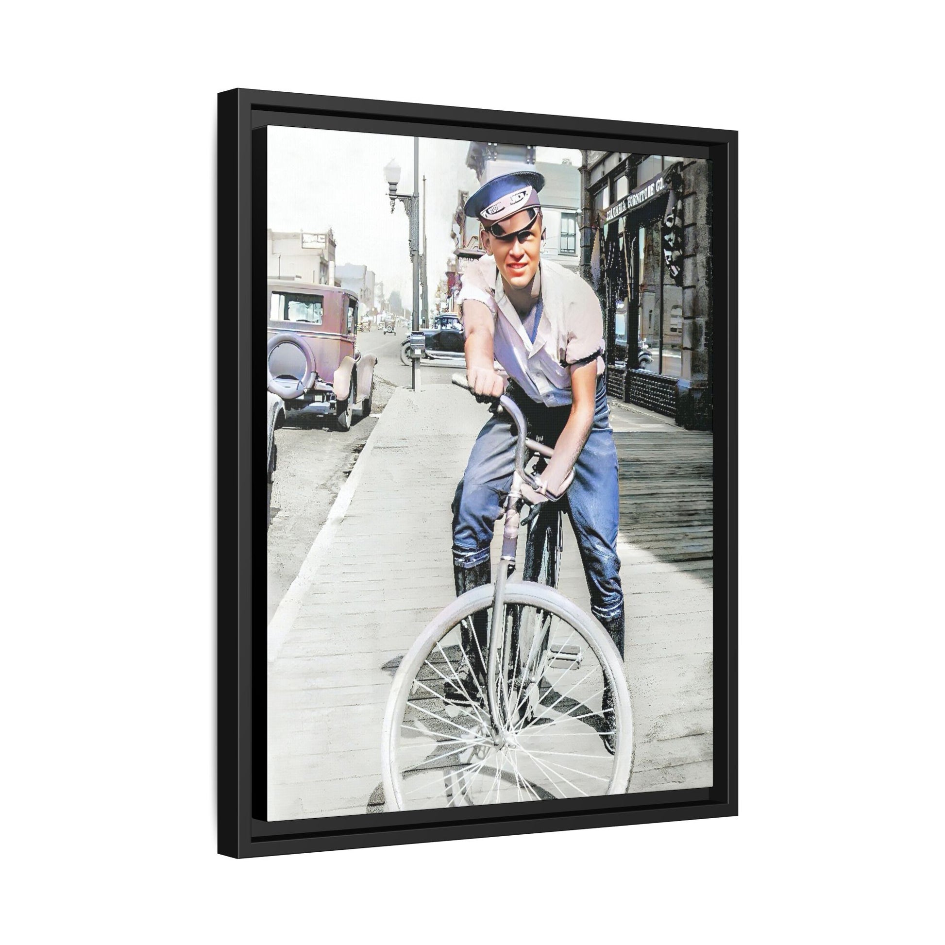 A framed vintage portrait on matte canvas featuring Cecil in Elk City, Oklahoma, capturing the spirit of 1930s small-town Americana. Classic Bicycle Photo