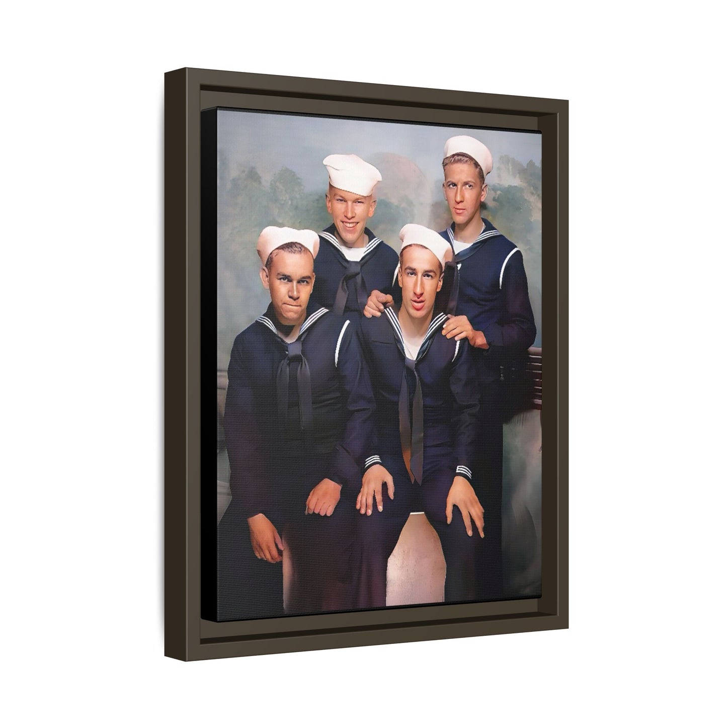 A framed vintage naval portrait on matte canvas featuring four sailors at Naval Station Great Lakes, capturing unity, service, and military pride.