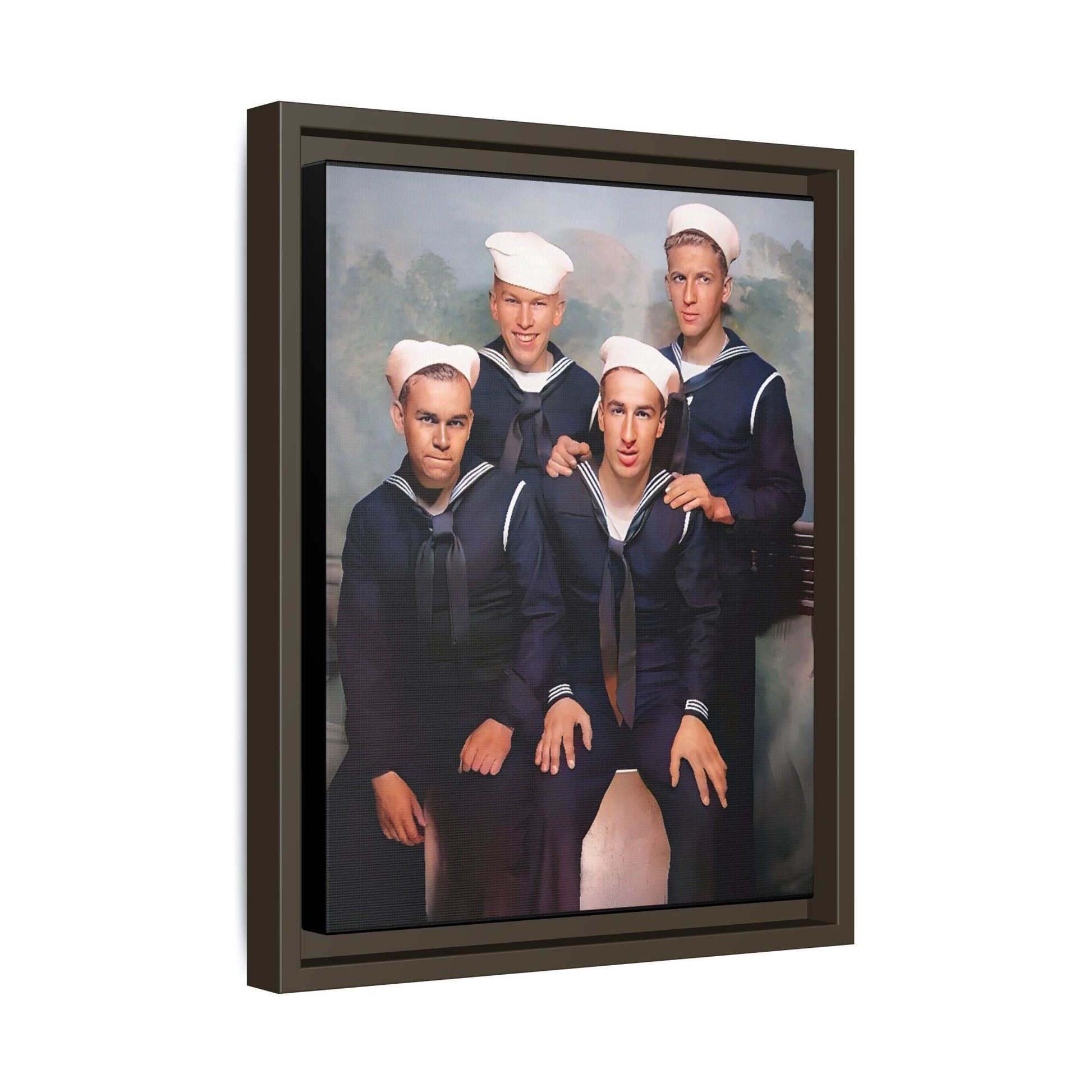 A framed vintage naval portrait on matte canvas featuring four sailors at Naval Station Great Lakes, capturing unity, service, and military pride.