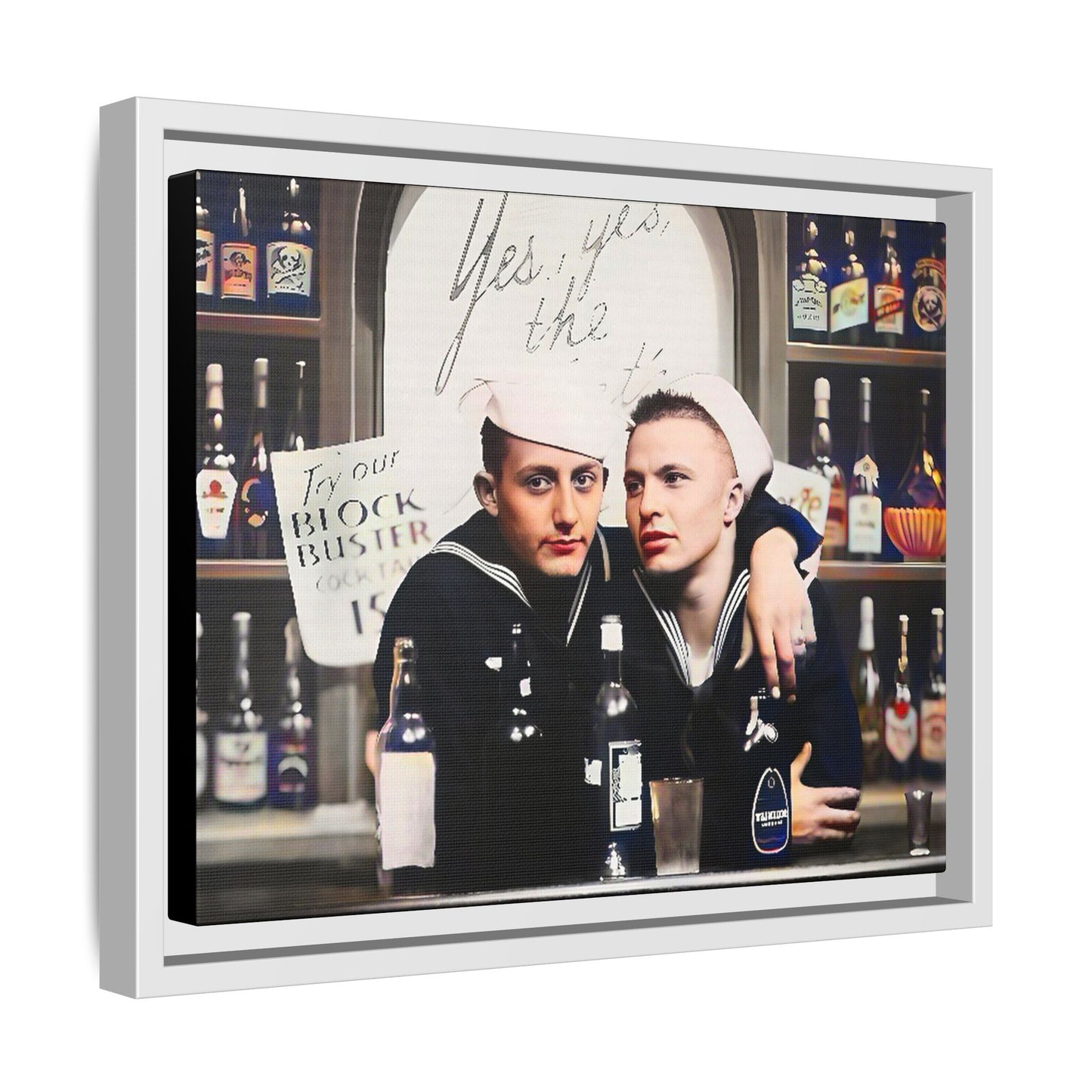 A restored vintage photo of Matt & Cory at Naval Air Station Alameda, CA. This framed matte canvas print captures camaraderie, LGBTQ+ history, and the spirit of military service, making it a unique and nostalgic keepsake for history lovers. Gay Couple Sailors