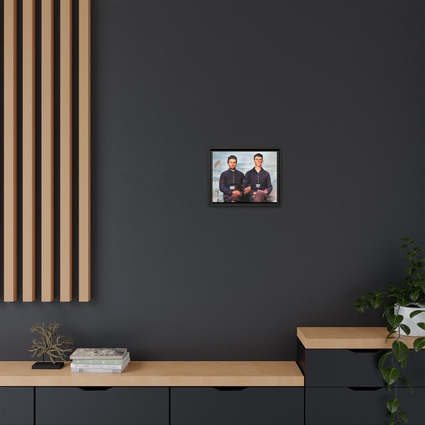A framed vintage Civil War photo on matte canvas featuring two Union soldiers at Camp Curtin, honoring military history. Gay Couple