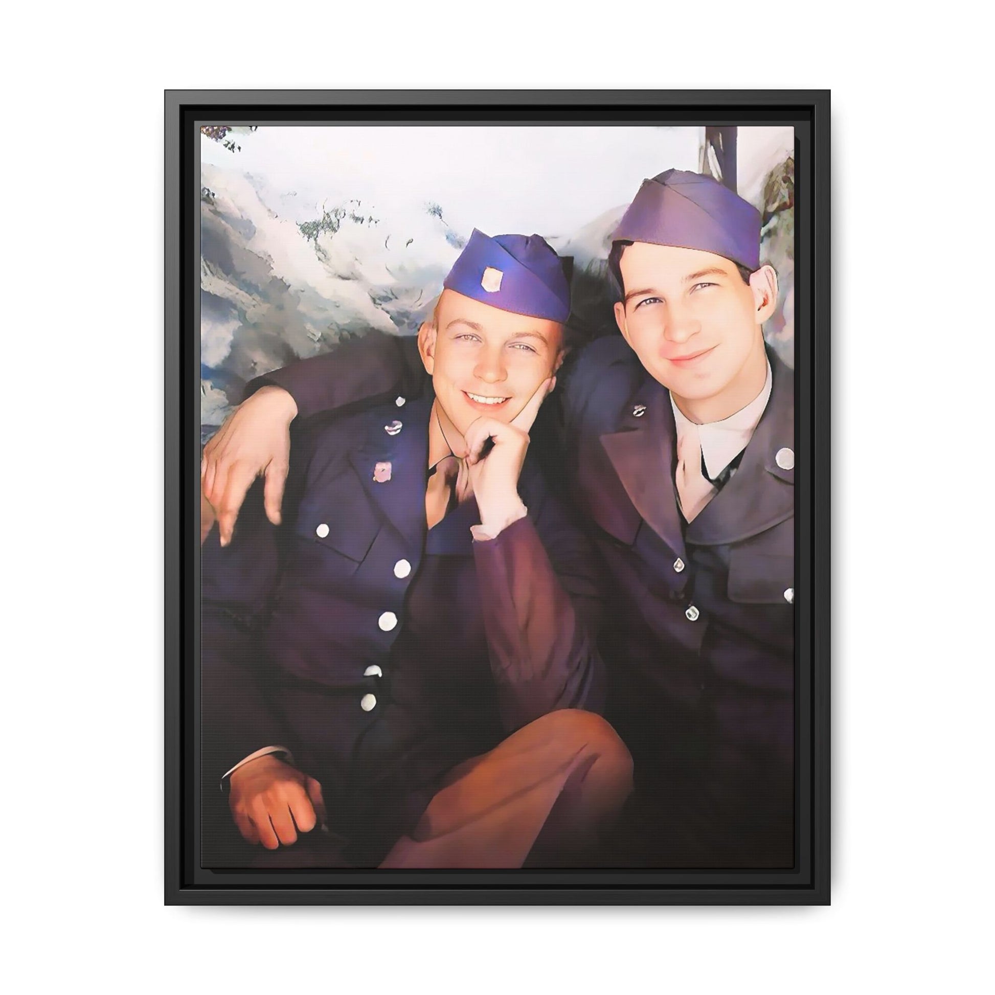 A restored vintage portrait of Willie & Louis at Metro-North Railroad in Harlem, New York. This framed matte canvas celebrates LGBTQ+ history, African American heritage, and timeless love. Gay Couple Love