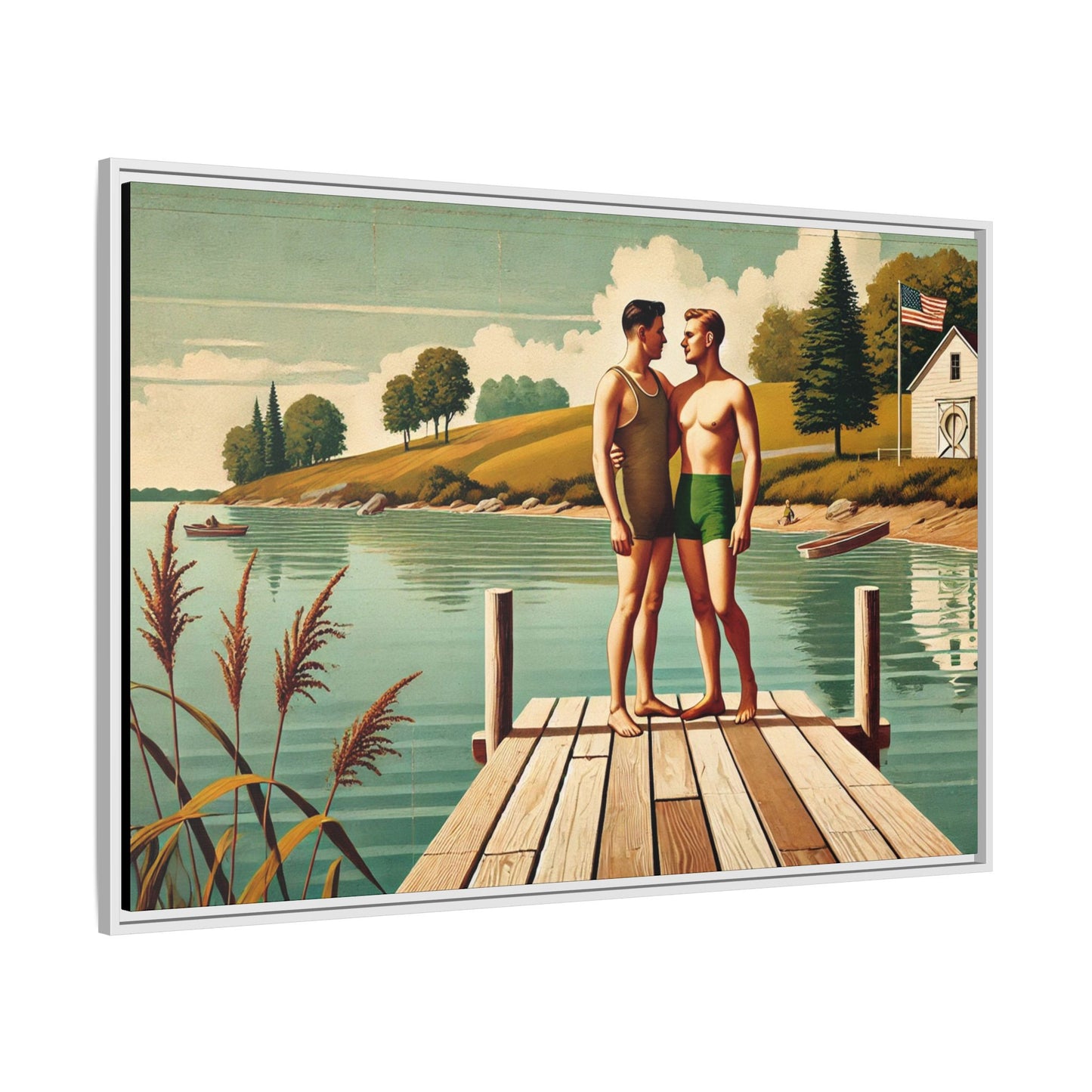Framed artwork of a gay couple sharing a tender moment on a wooden dock by a peaceful lake, dressed in vintage swimwear. Set against rolling hills and a lakeside cabin, this nostalgic scene honors LGBTQ+ love in a serene Midwestern summer setting.