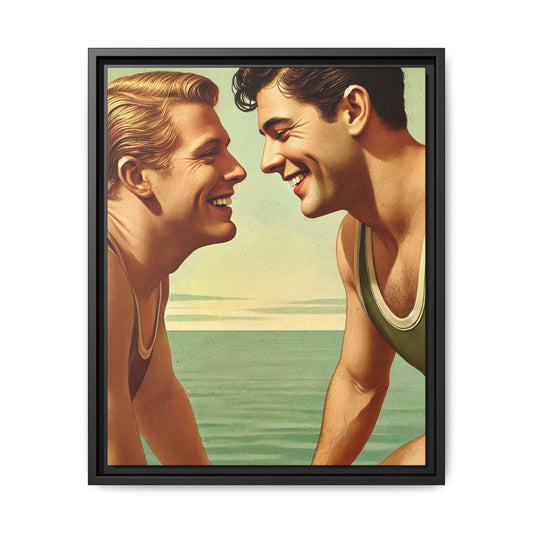 Vintage-style artwork of a joyful 1930s moment between a gay couple by the lake, dressed in classic swimwear and sharing warm smiles. Set on a serene wooden dock, this piece captures love, companionship, and LGBTQ+ history in an idyllic, nostalgic summer setting.