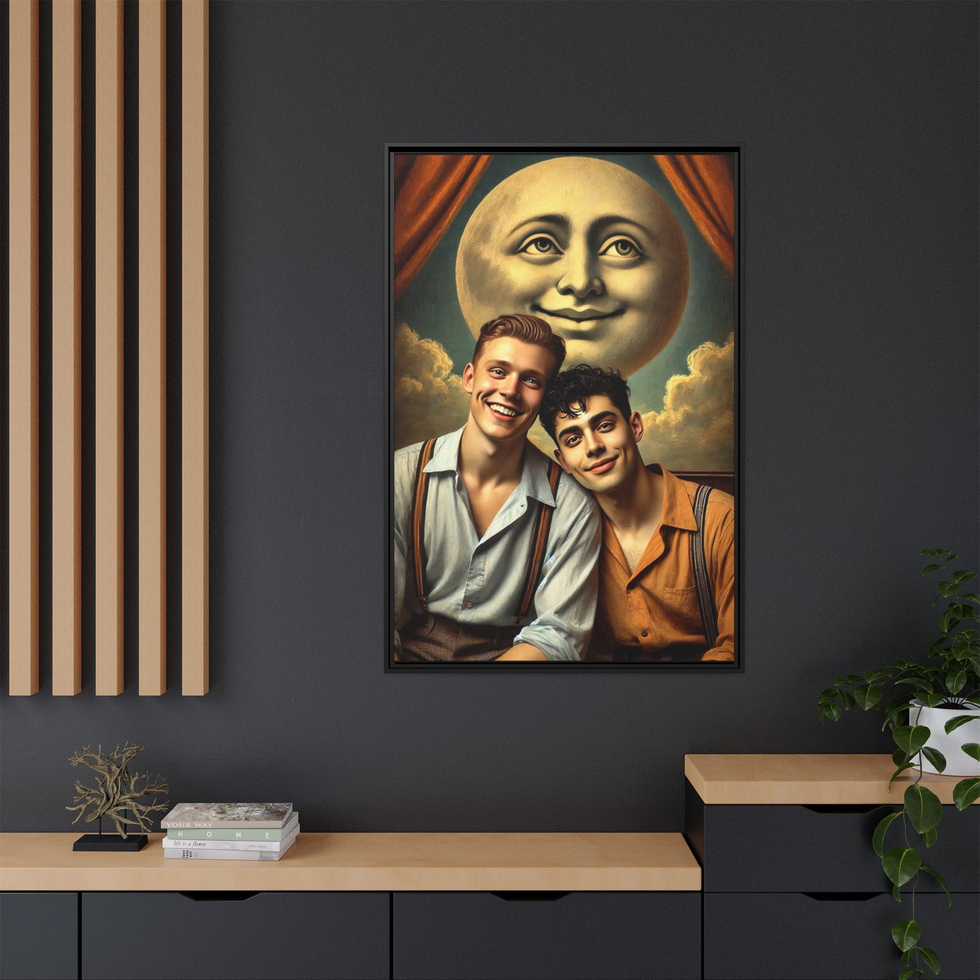Framed artwork featuring a joyful queer couple in 1930s attire, seated close together beneath a smiling full moon in a theatrical studio setting. A celebration of reclaimed LGBTQ+ narratives in nostalgic portraiture.