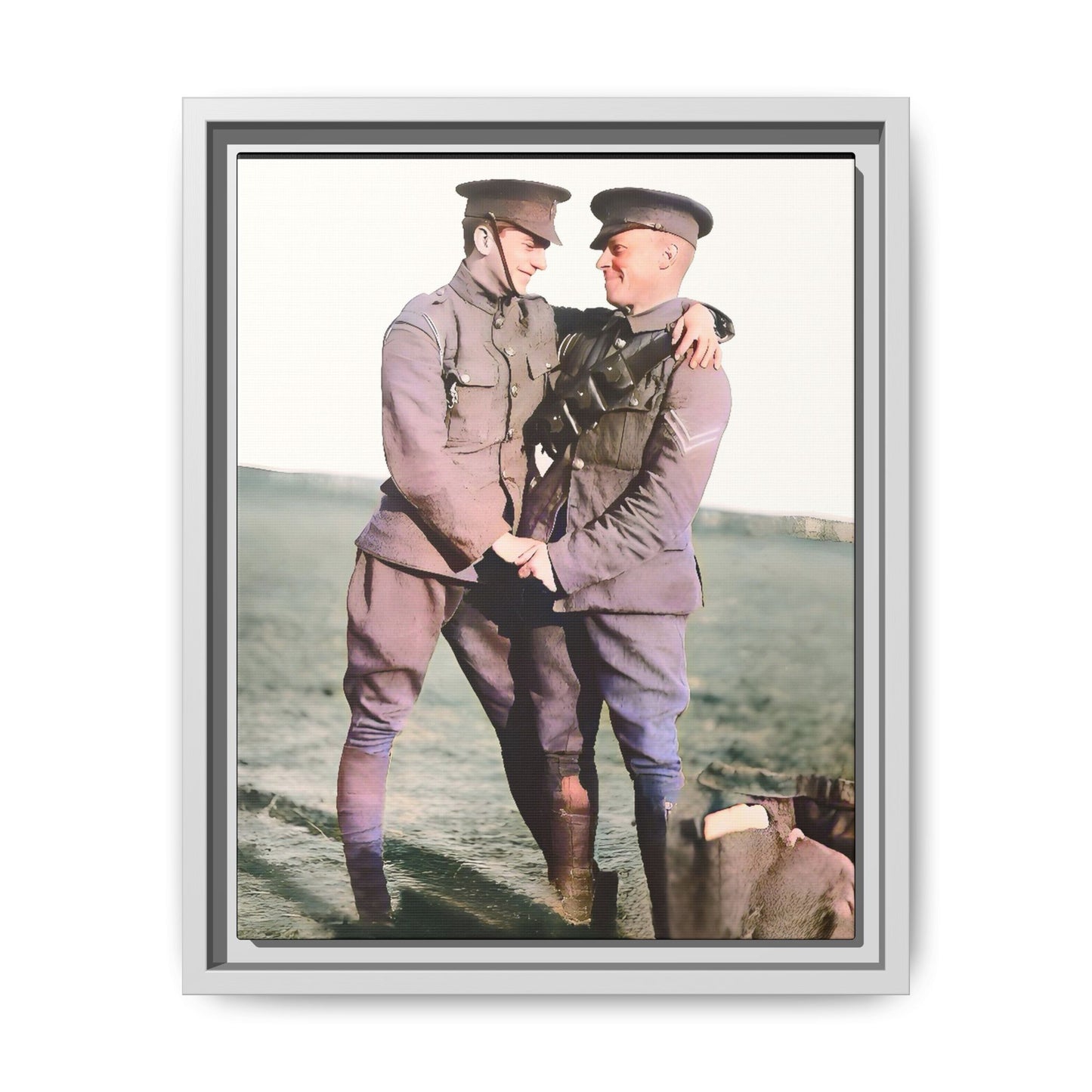 A restored vintage military portrait of Lee & Clifford, soldiers in the Battle of Amiens. This framed matte canvas honors LGBTQ+ history, resilience, and love in wartime.