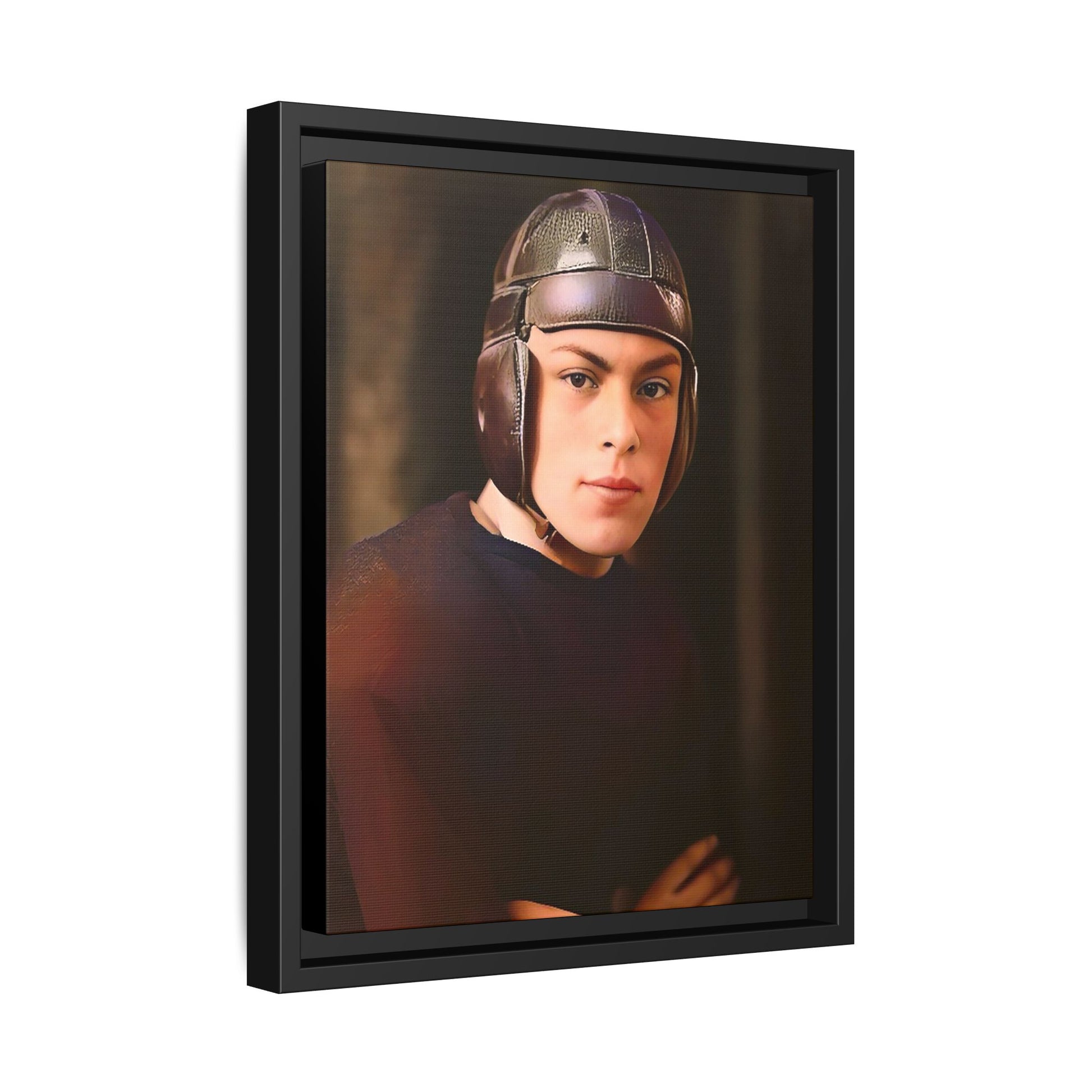 A vintage portrait of Andrew, a football player from Lincoln, Nebraska, in a classic leather helmet. This framed matte canvas print captures the grit and determination of early 20th-century sports, perfect for football fans and vintage art collectors.