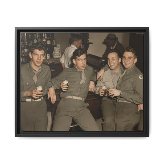 Four uniformed men gathered at a bar, with two smiling figures at the right, one wearing round glasses, and an arm across a shoulder.