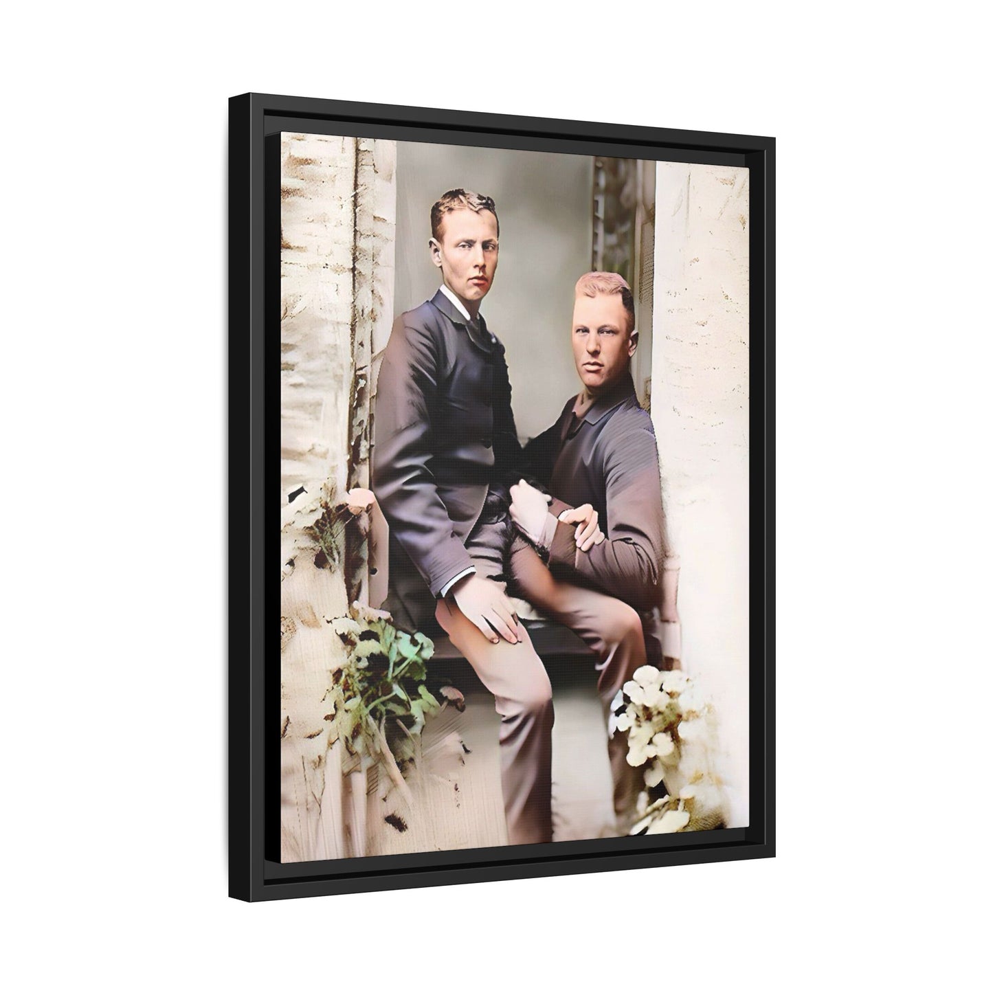 Restored vintage photo of Albert & Harold in tender embrace, Austin TX gay couple, framed art
