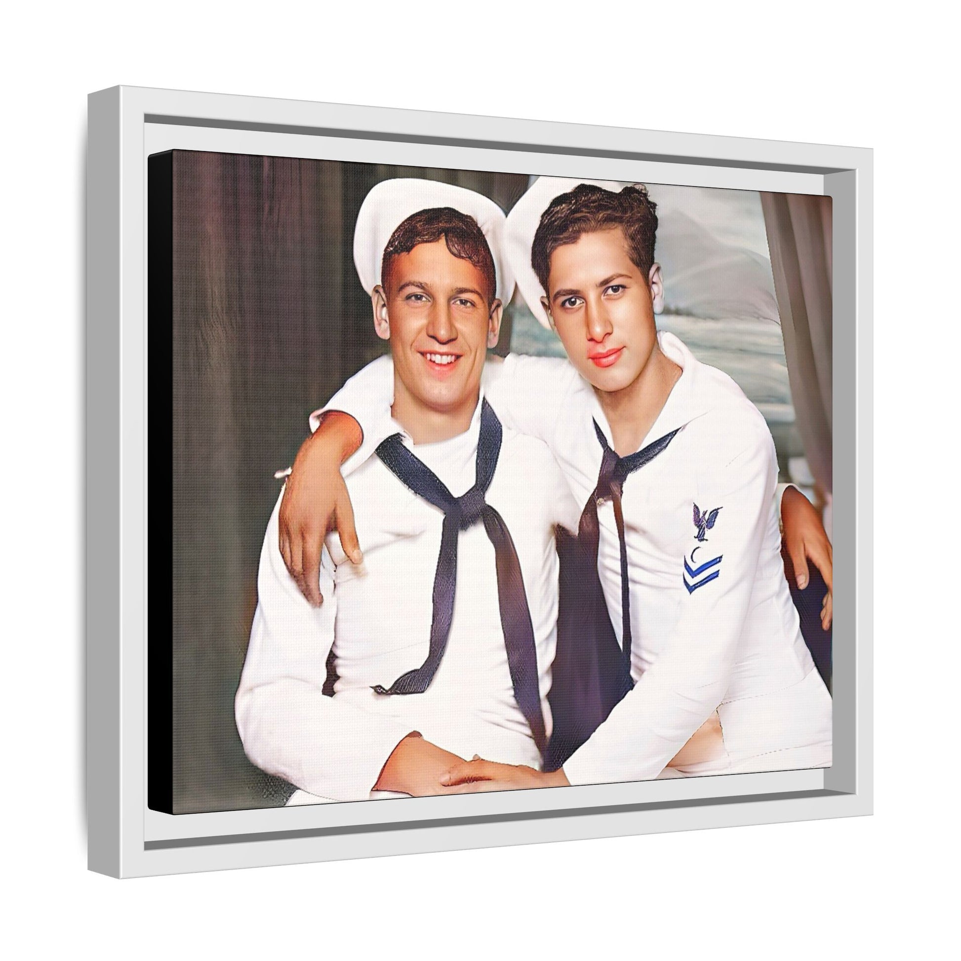 A restored vintage Navy portrait of Kenny and William at Fort Lee, Virginia. This framed matte canvas print honors military camaraderie, resilience, and LGBTQ+ history with a timeless tribute to friendship and love. Gay Couple Sailors Navy