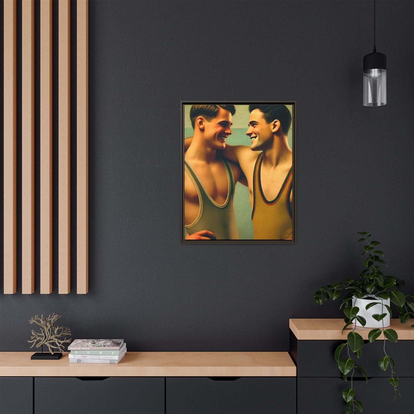 Framed artwork of two young wrestlers in vintage singlets sharing a candid moment, inspired by Grant Wood's Regionalist art style.