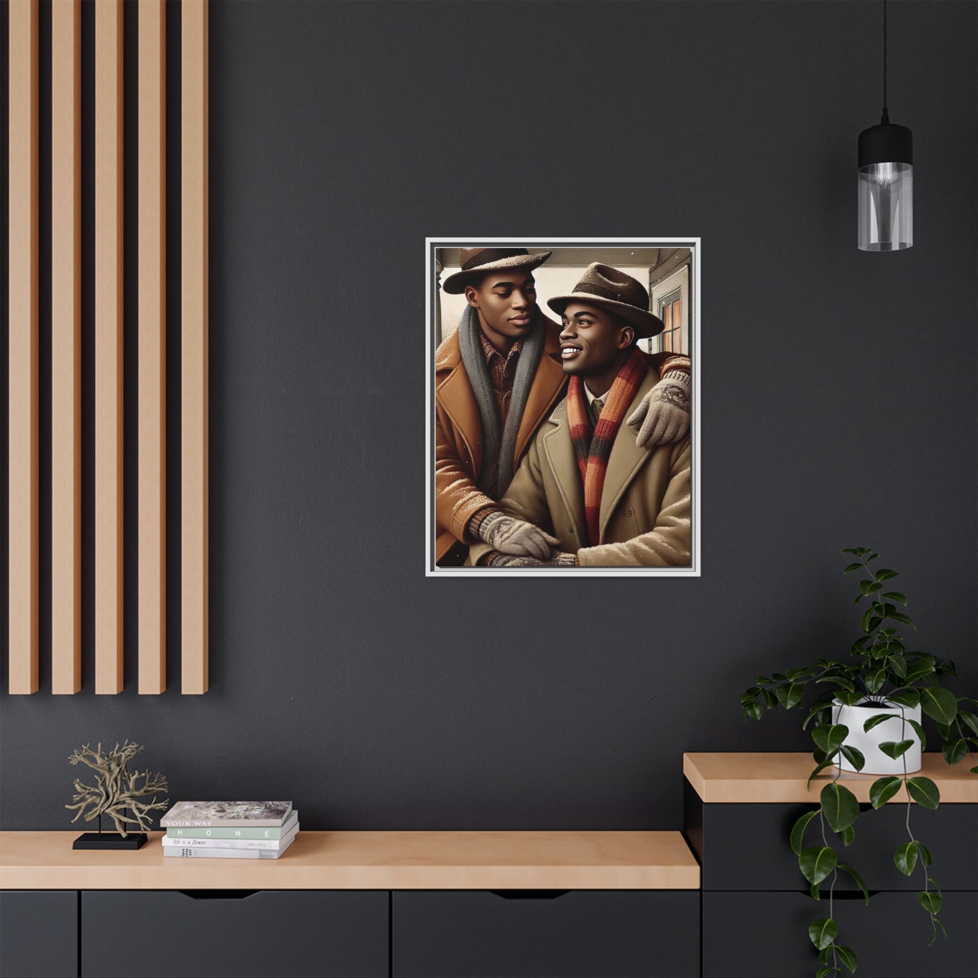 Artwork of an African-American gay couple sharing a cozy winter moment on a porch. Dressed in vintage winter attire with fedoras, scarves, and warm coats, they exchange affectionate gazes amidst softly falling snow, capturing love, warmth, and intimacy in a nostalgic winter setting.