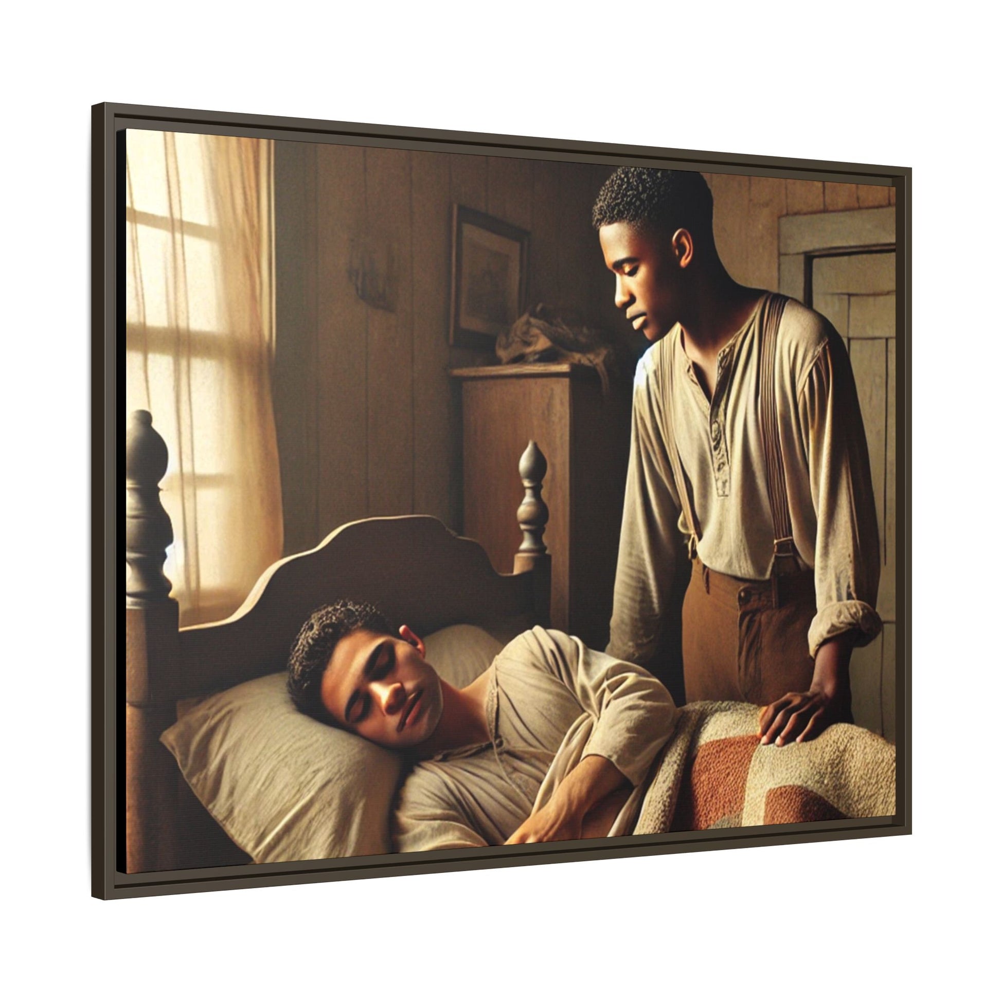 Grant 007 artwork depicting an African-American queer couple in a tender, intimate moment within a rustic bedroom. This scene, bathed in warm, nostalgic light, captures the love and quiet resilience of rural life, celebrating LGBTQ+ representation and African-American heritage.